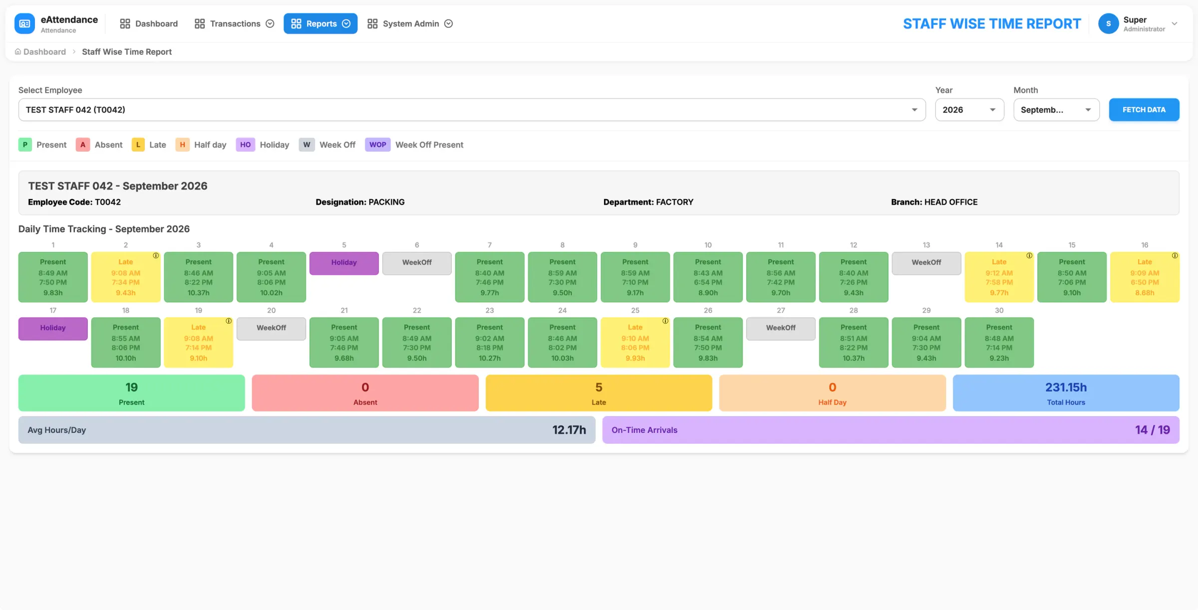 Monthly time report for one employee showing each day's check-in, check-out and hours, with totals for present, late and hours worked