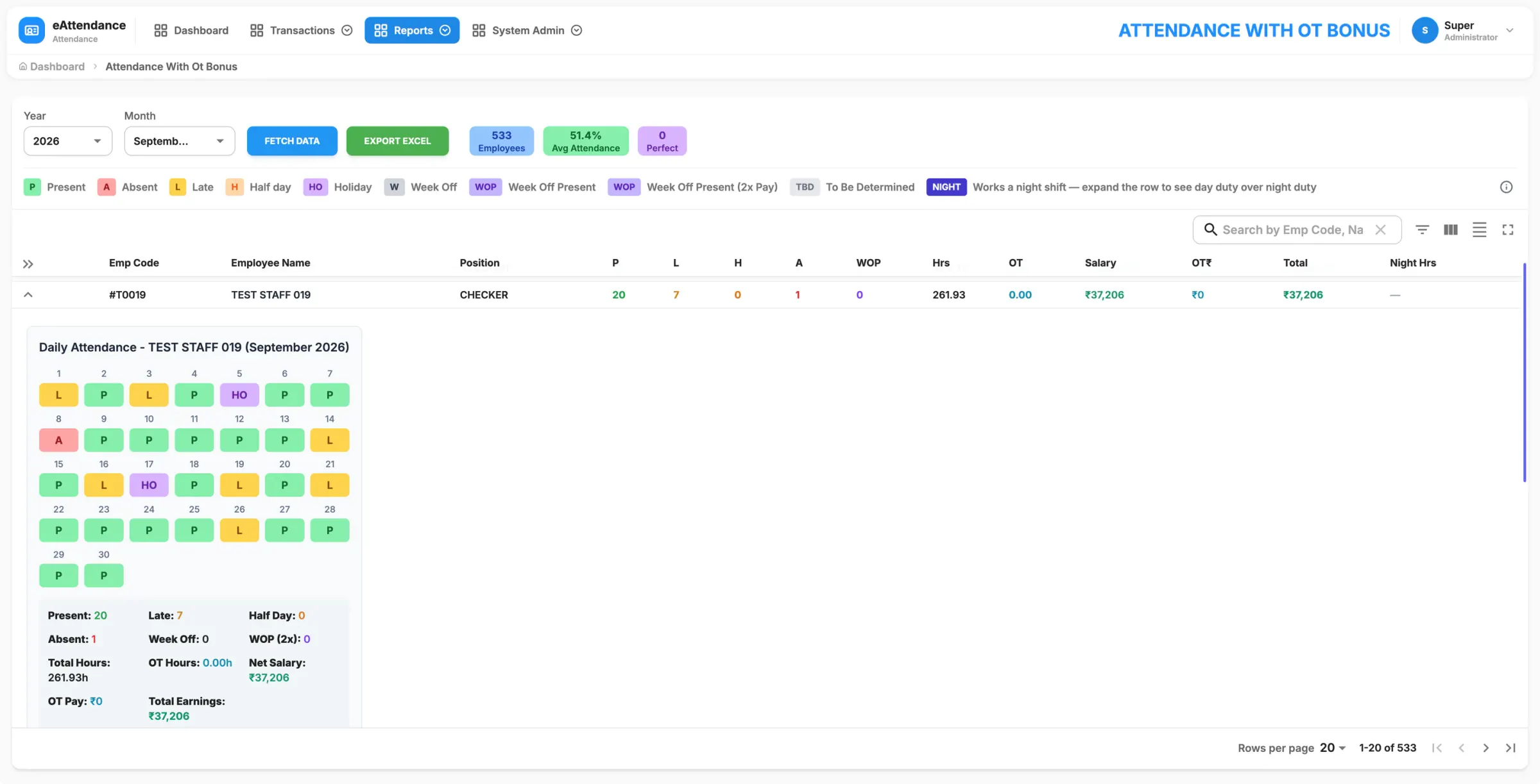 Overtime report with one employee expanded into a calendar of daily attendance and a salary summary