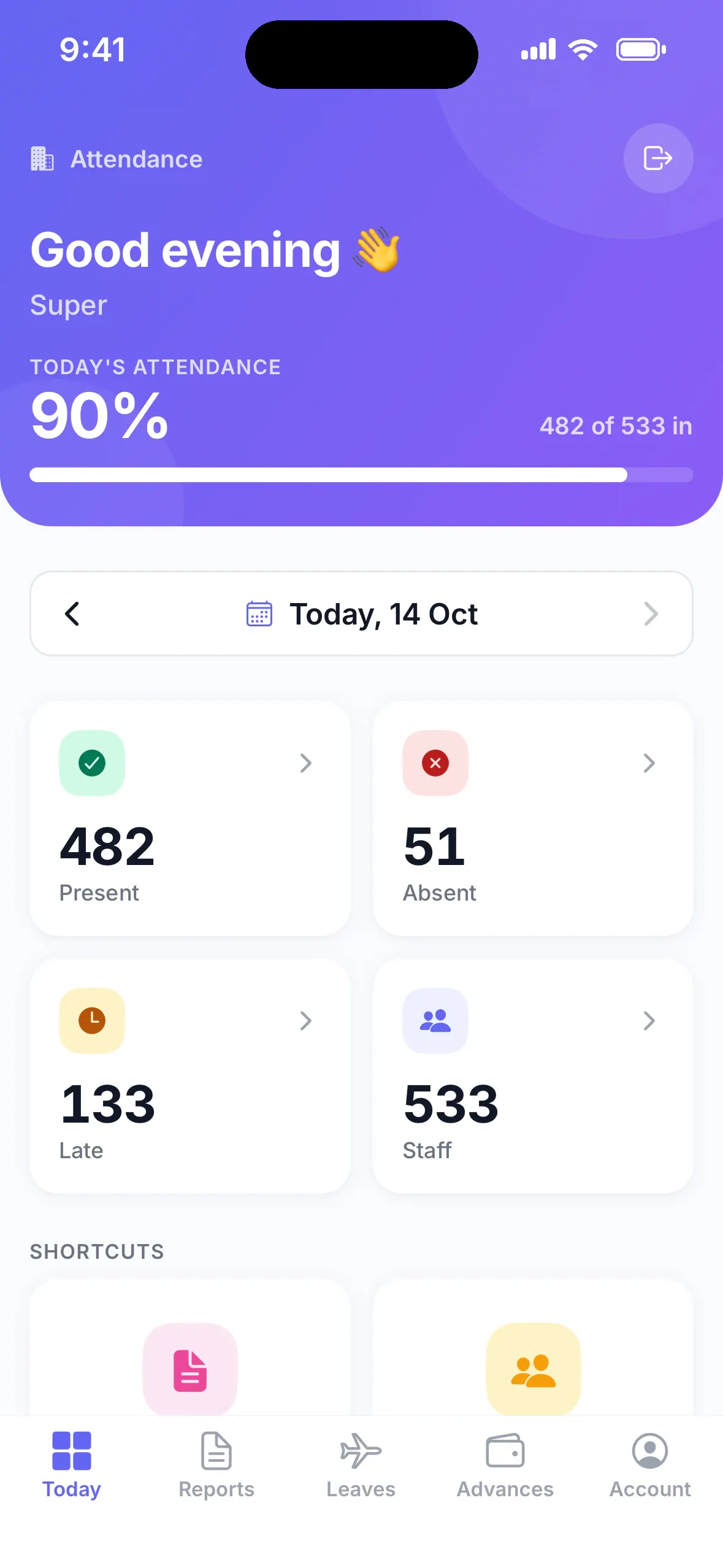 Admin app home showing today's attendance at 90 percent with present, absent, late and total staff counts