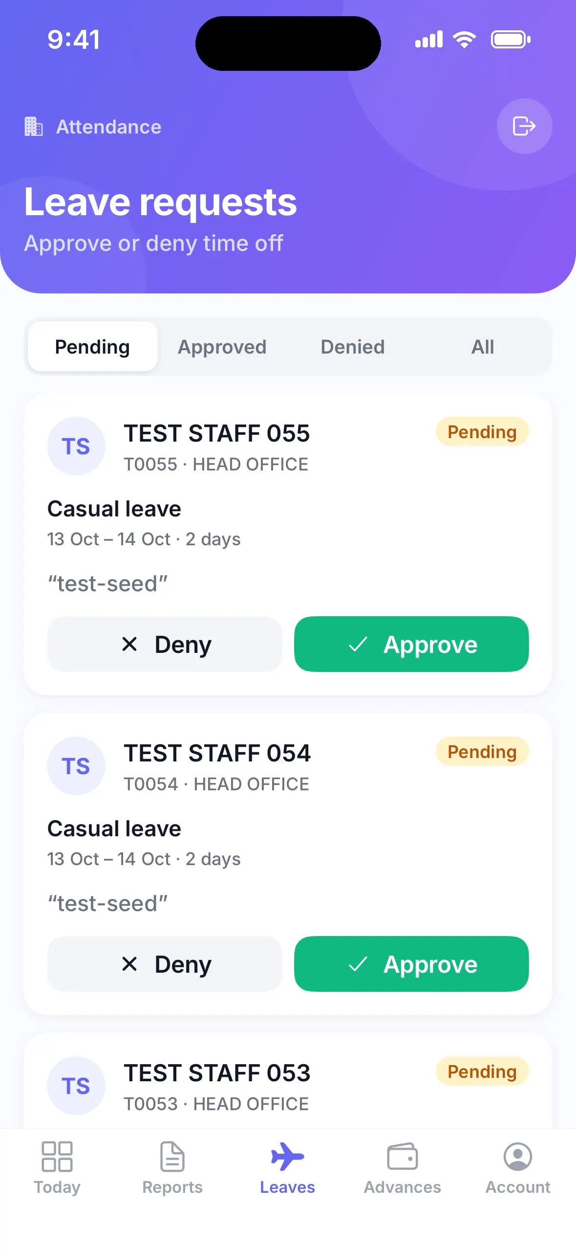 Admin app leave requests with casual leave dates and Approve and Deny buttons
