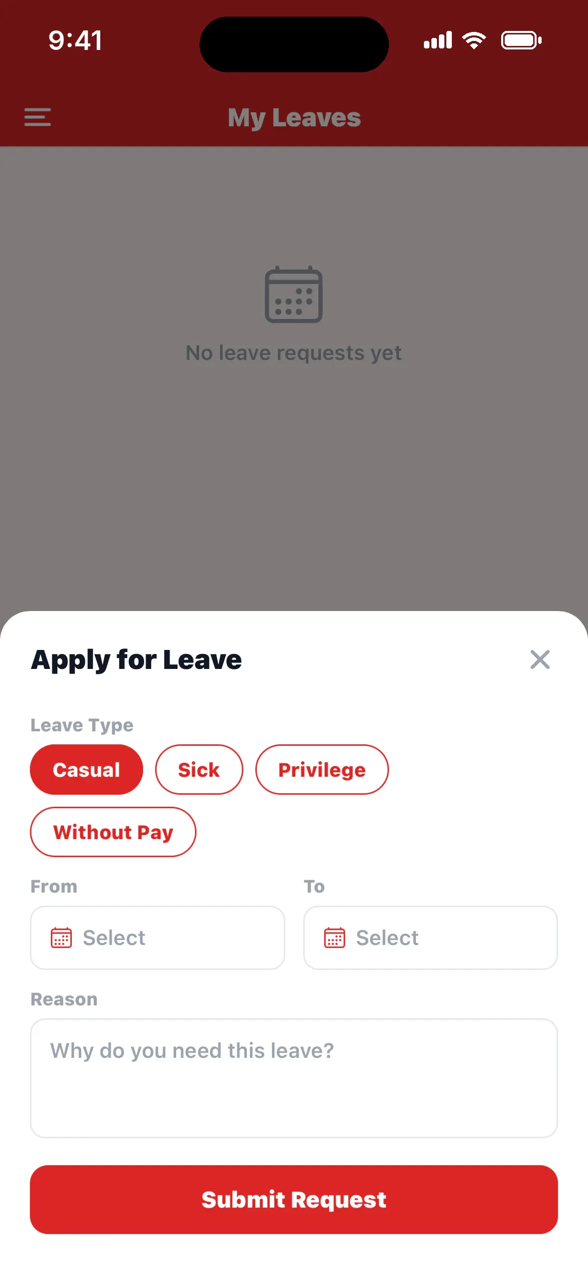 Employee app apply for leave form with leave type, dates and reason