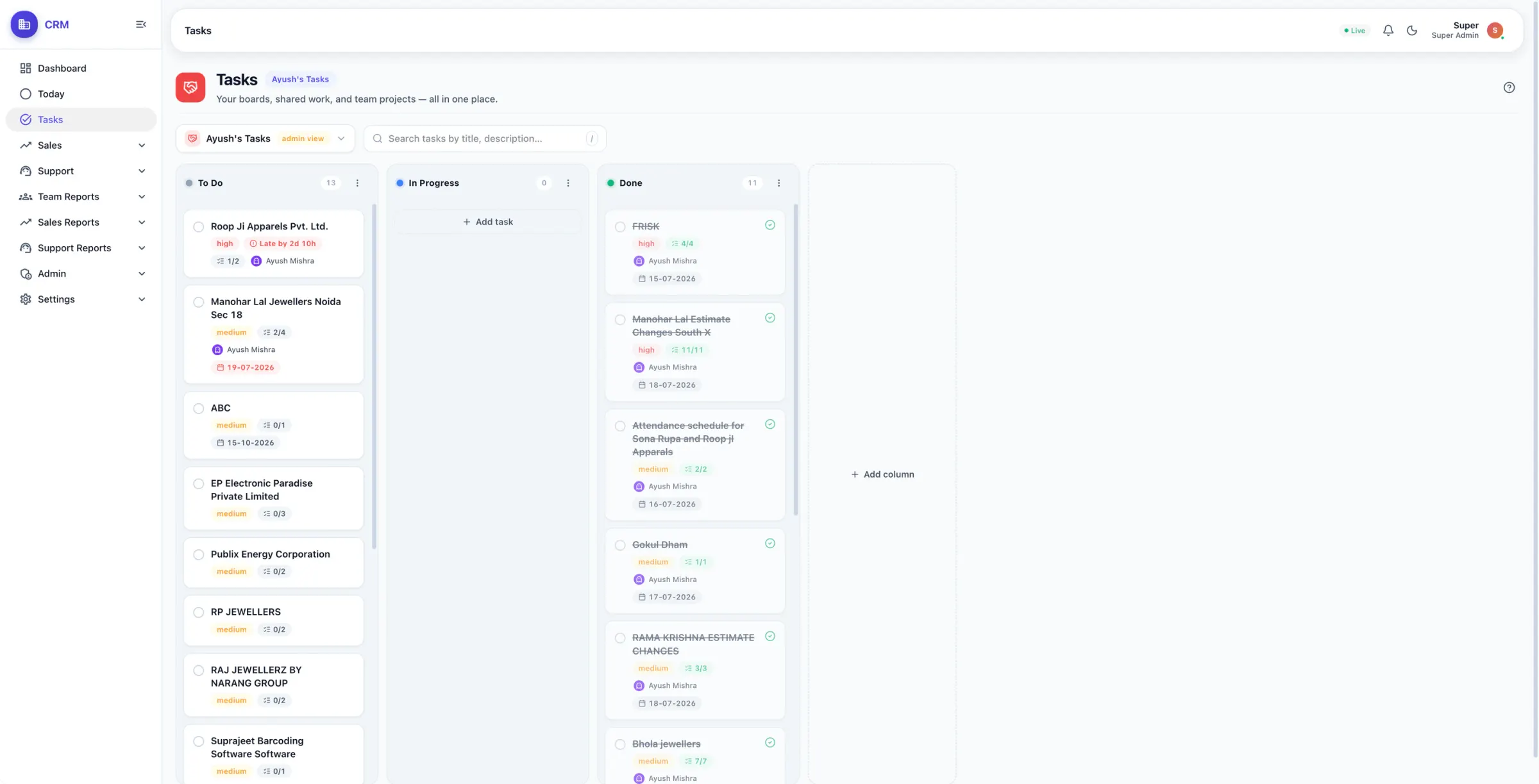 Kanban task board with To do, In progress and Done columns of client tasks with priority, checklist progress and due dates