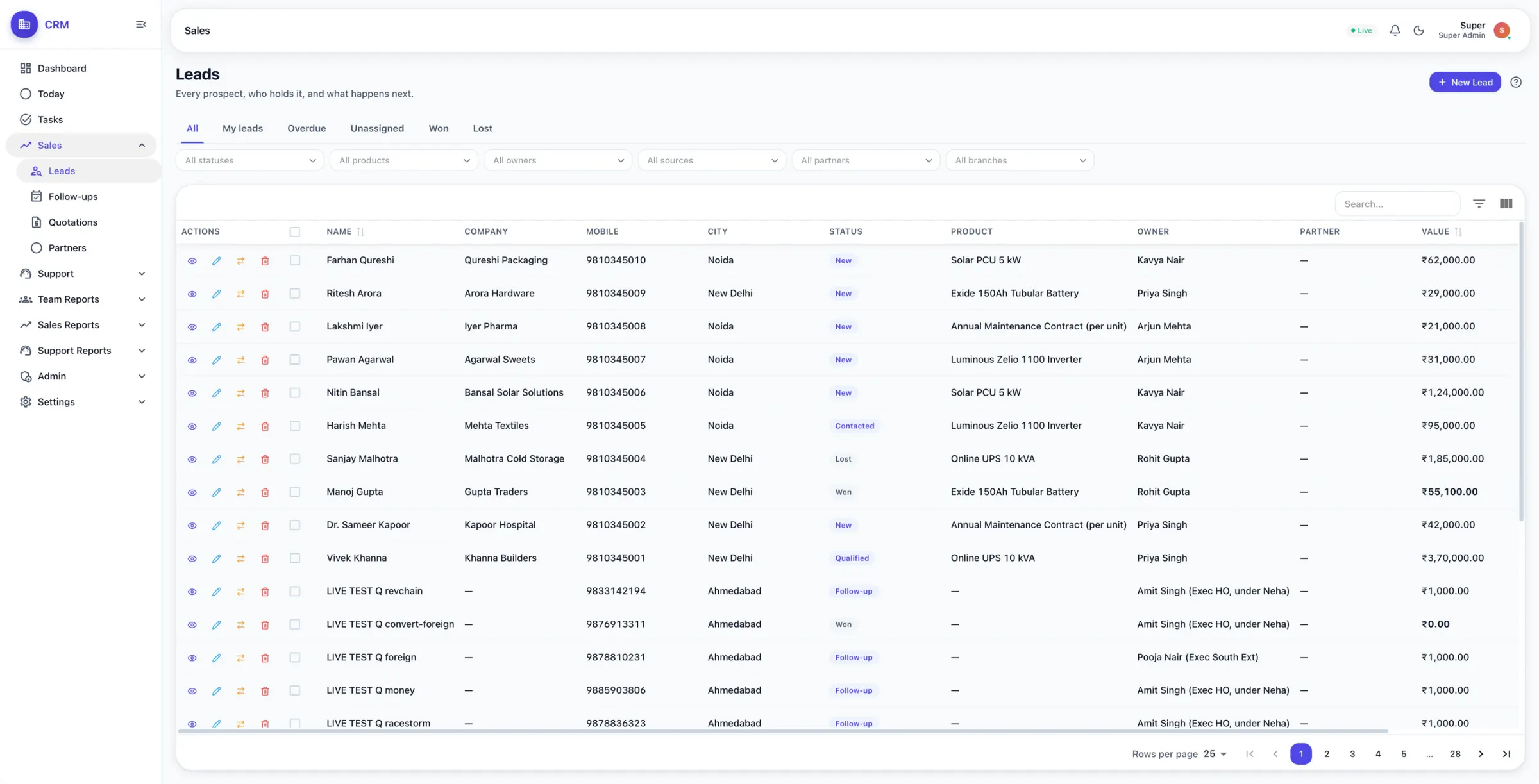 Leads table with name, company, mobile, city, status, product, owner and value, filterable by status and source