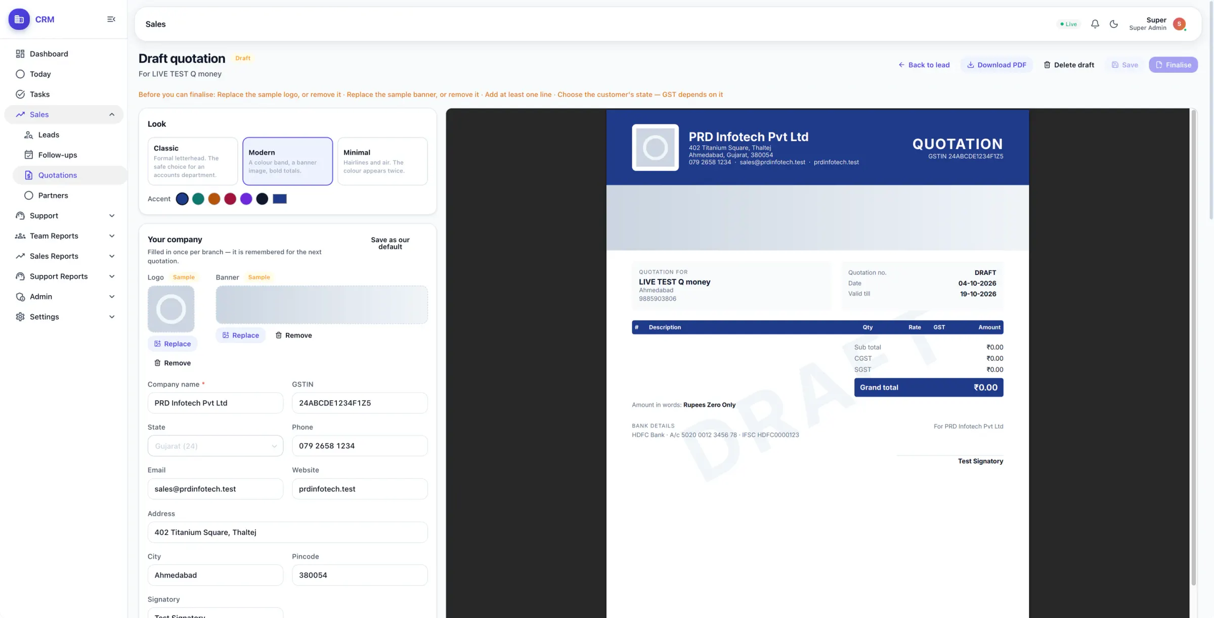 Quotation builder with layout choices and company details beside a live preview of the branded quotation