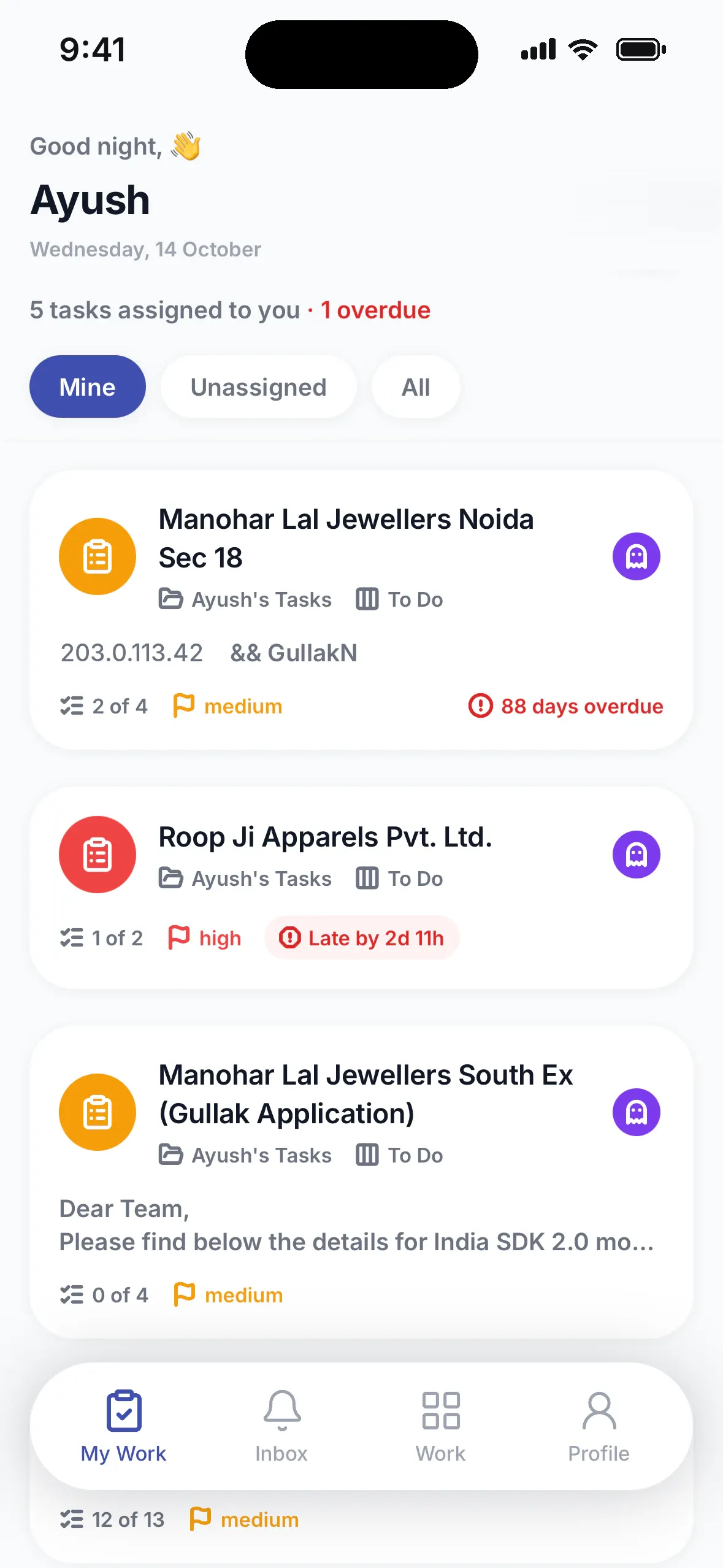 CRM mobile My Work screen listing tasks assigned to the user with checklist progress, priority and overdue days