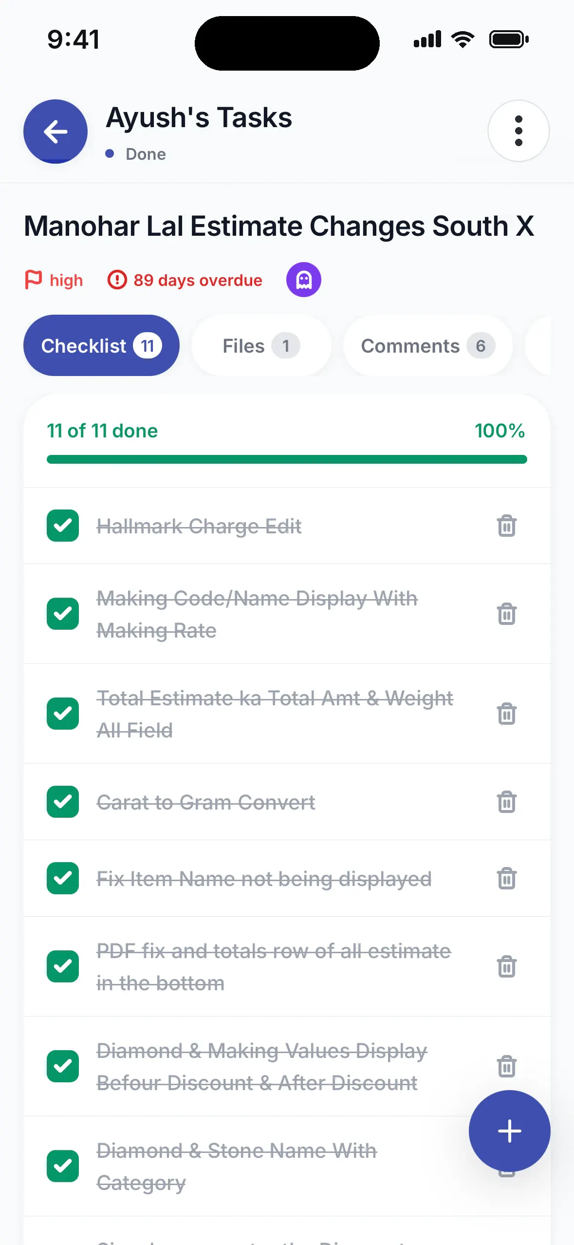 CRM mobile task detail with a completed checklist of 11 items