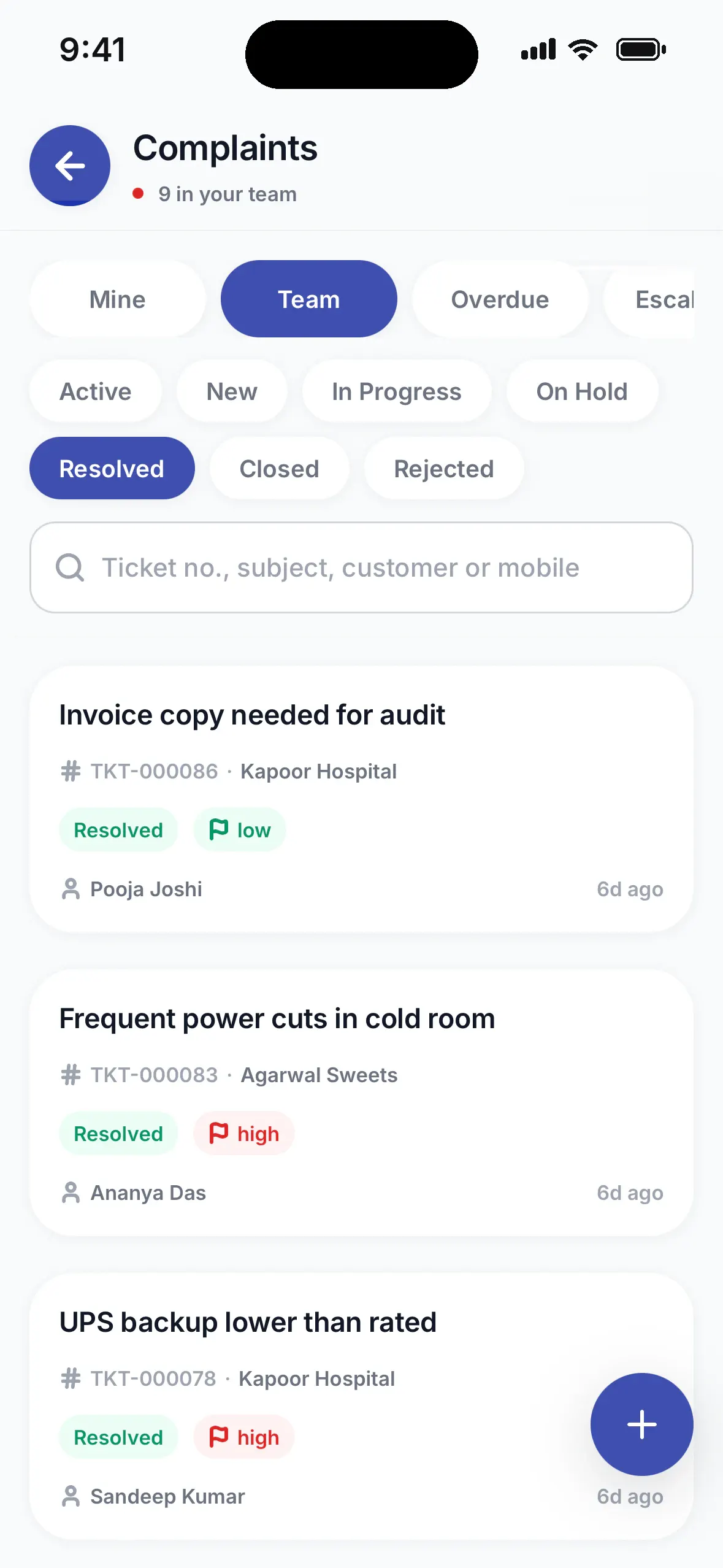CRM mobile complaints list filtered by team and status, with ticket number, customer, priority and assignee