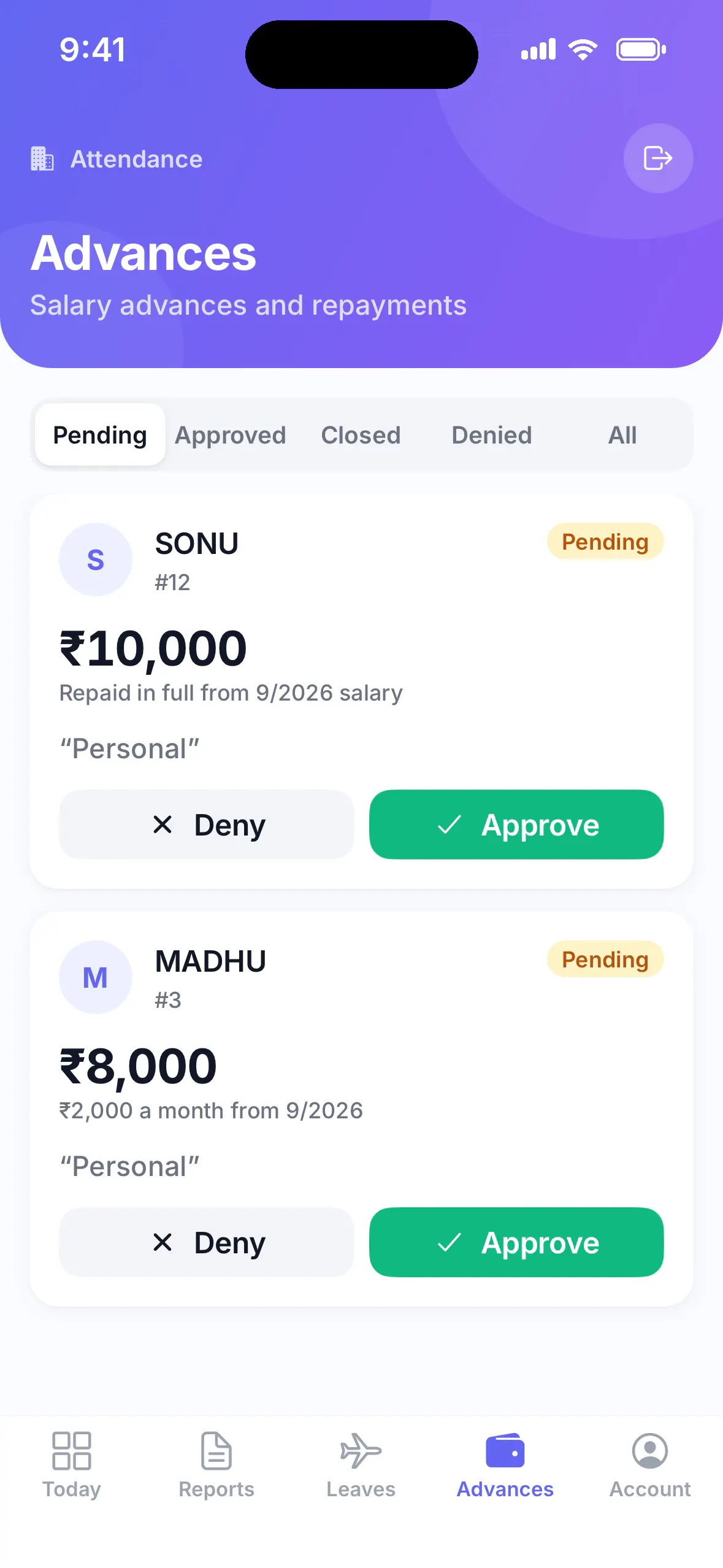Admin app salary advances showing requested amounts, repayment plans and Approve and Deny buttons
