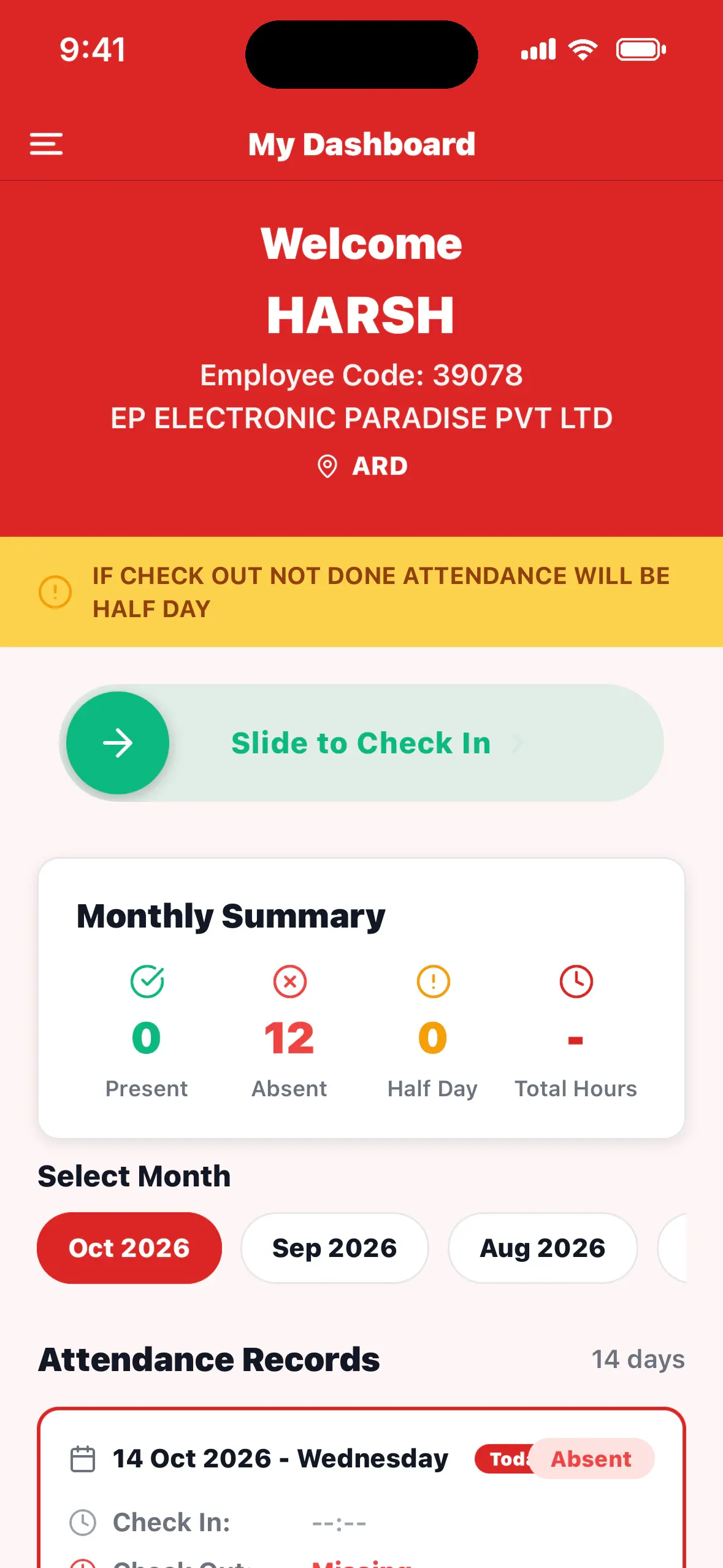 Employee app dashboard with a slide to check in button and a monthly summary of present, absent and half days