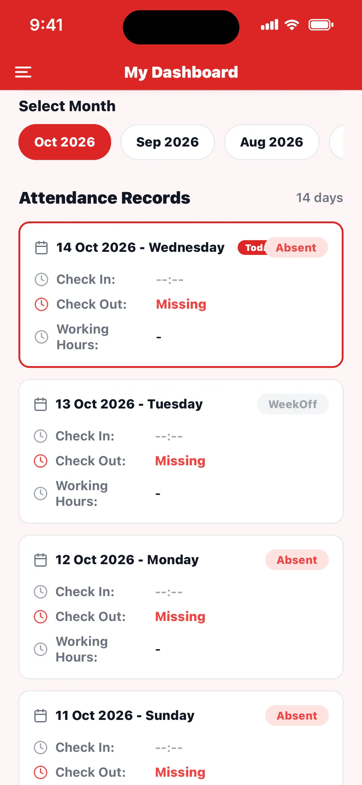 Employee app attendance records for the month with check-in, check-out and working hours per day