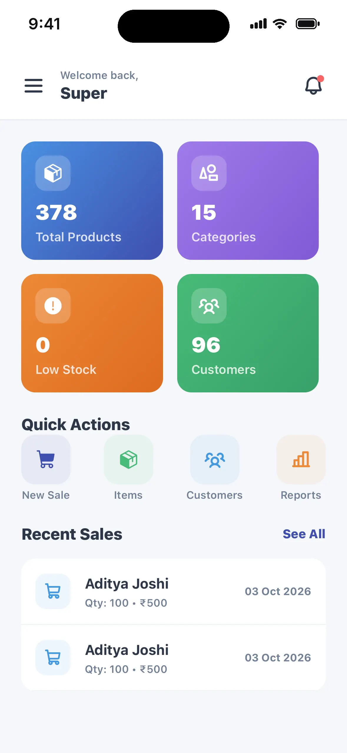 eStock mobile dashboard with total products, categories, low stock and customers, quick actions and recent sales