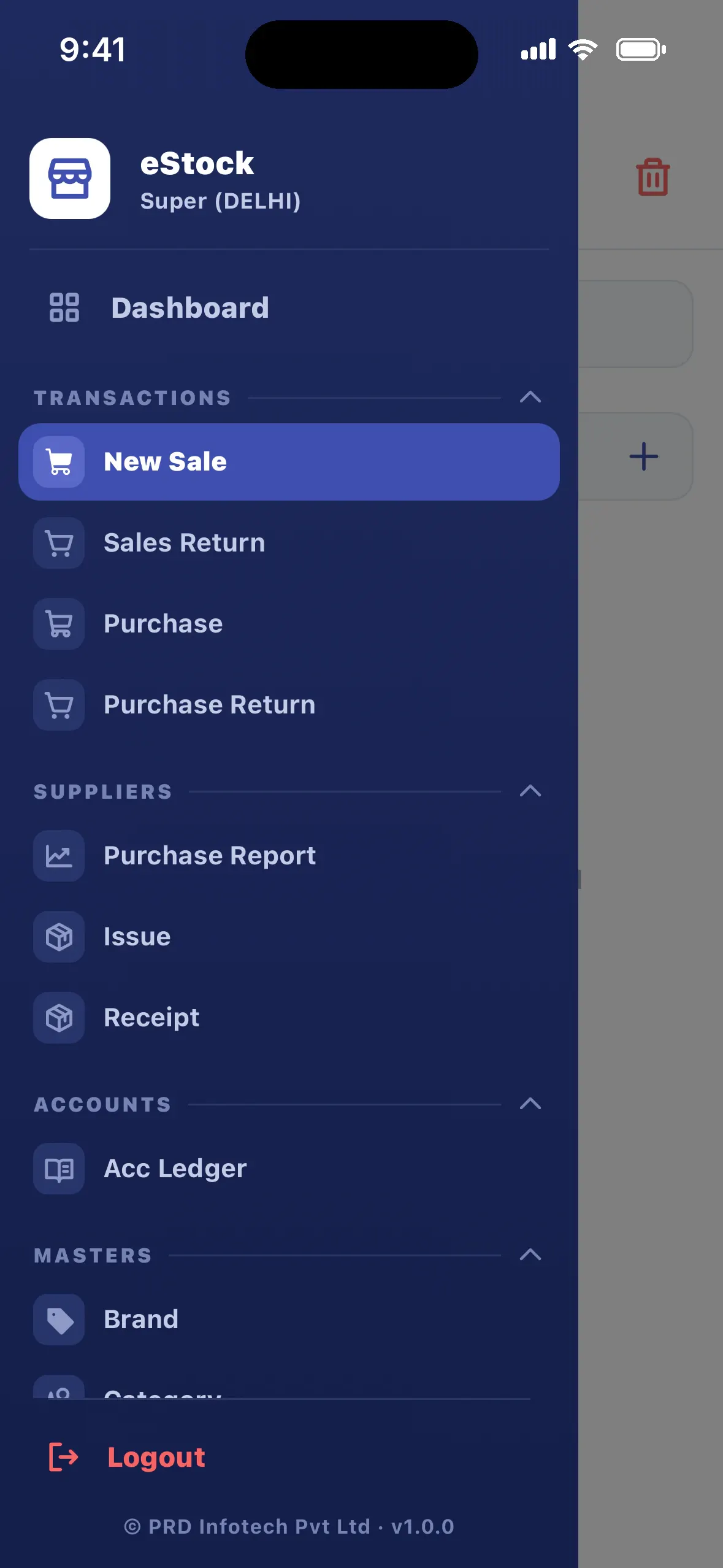 eStock mobile side menu with transactions, suppliers, accounts and masters