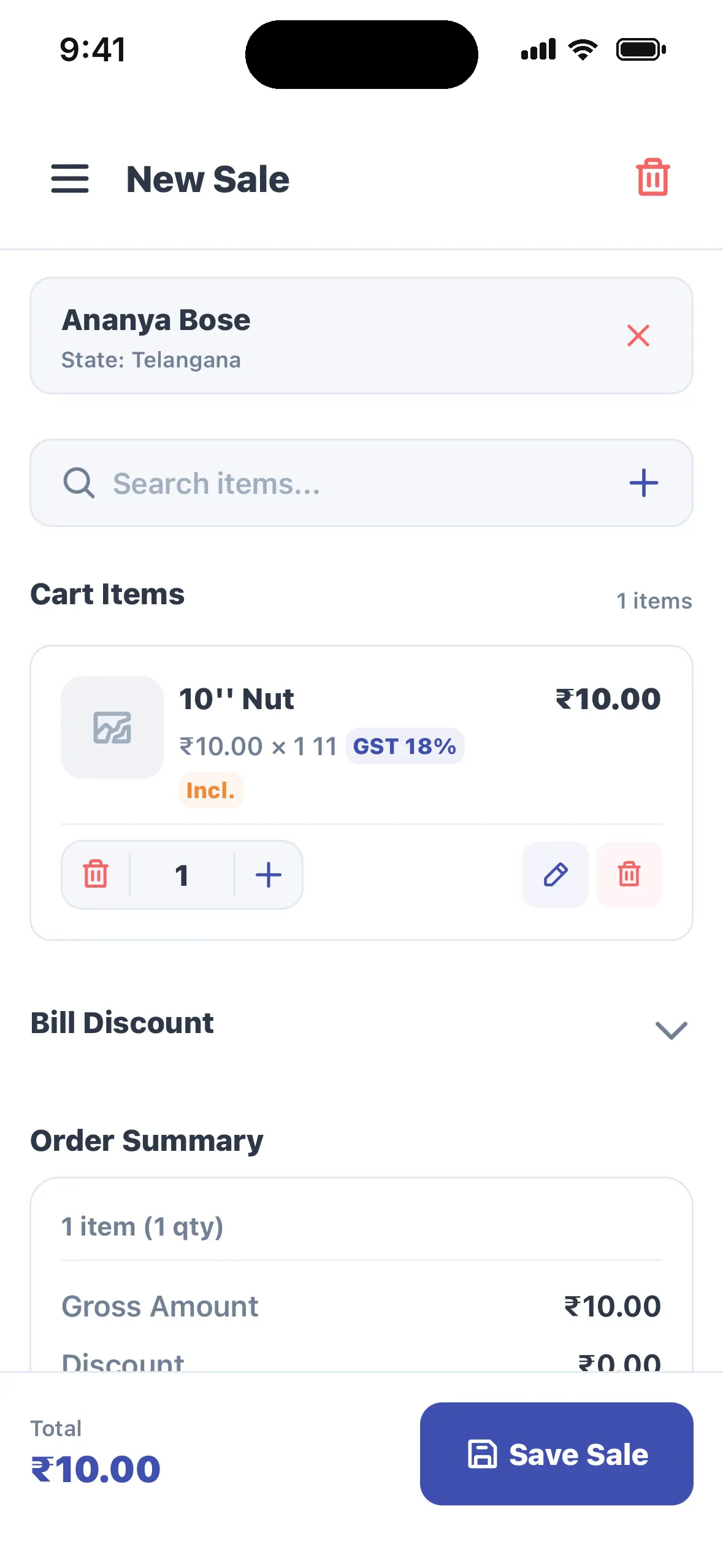 eStock mobile new sale screen with the customer, cart items with GST and an order summary
