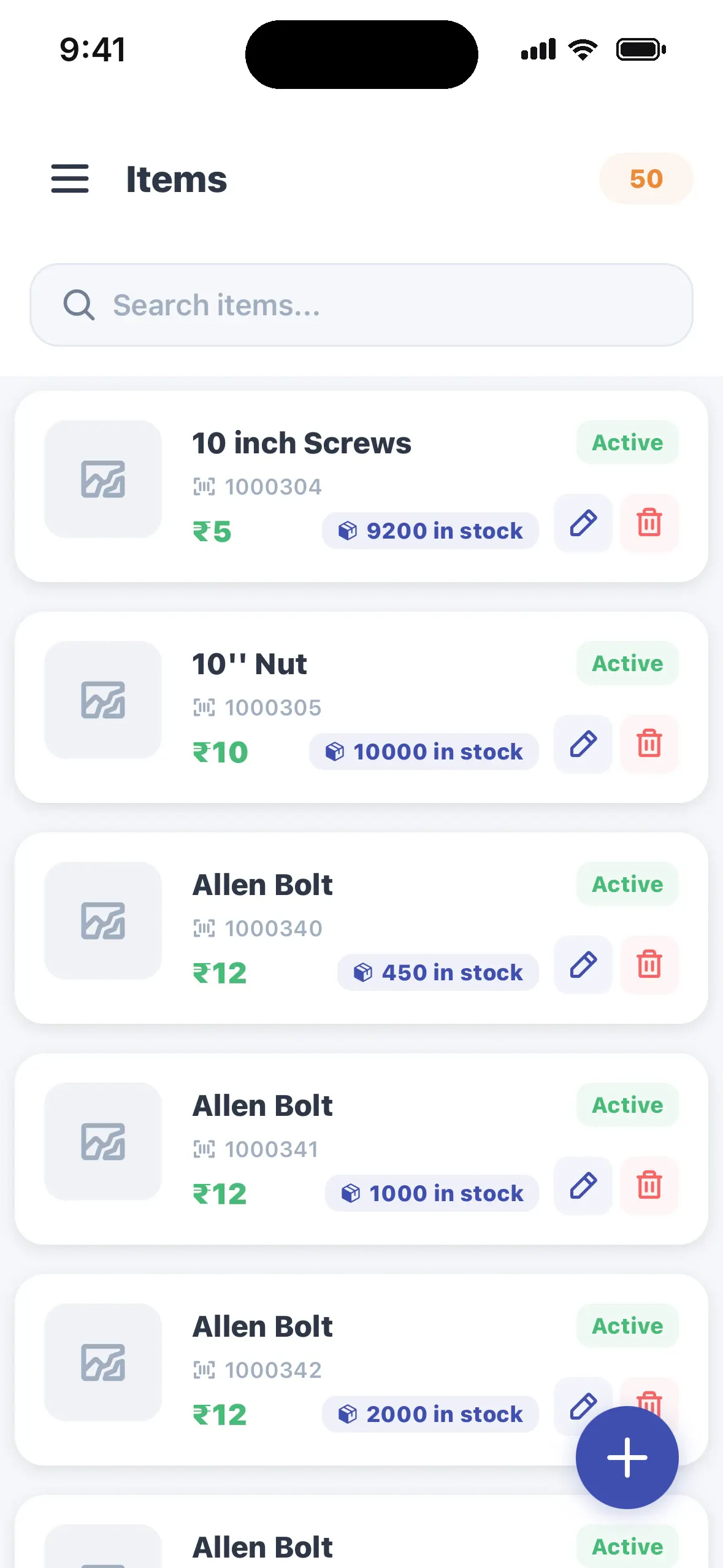 eStock mobile items list with price and stock on hand for each item