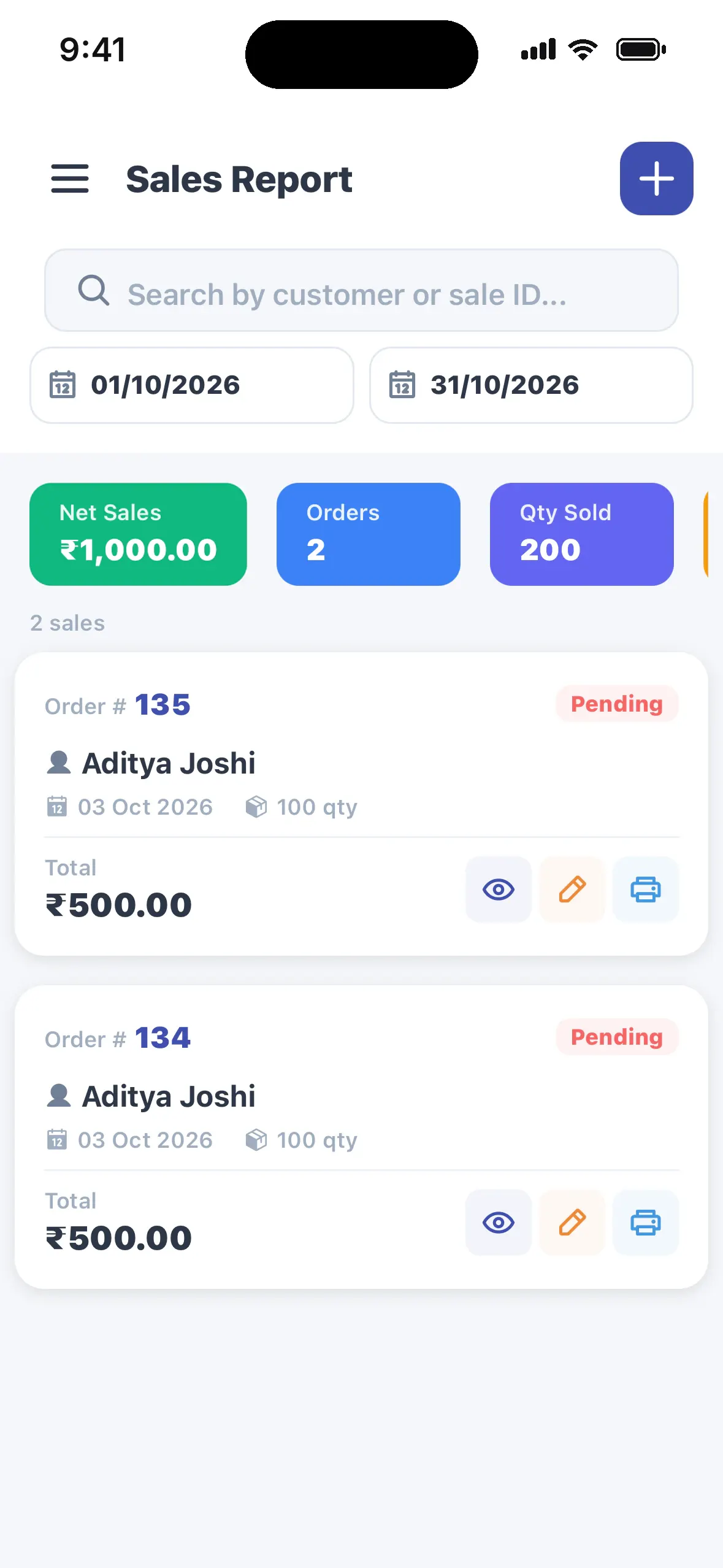 Inventory app sales report with net sales, orders and quantity sold for a date range, and each order's total