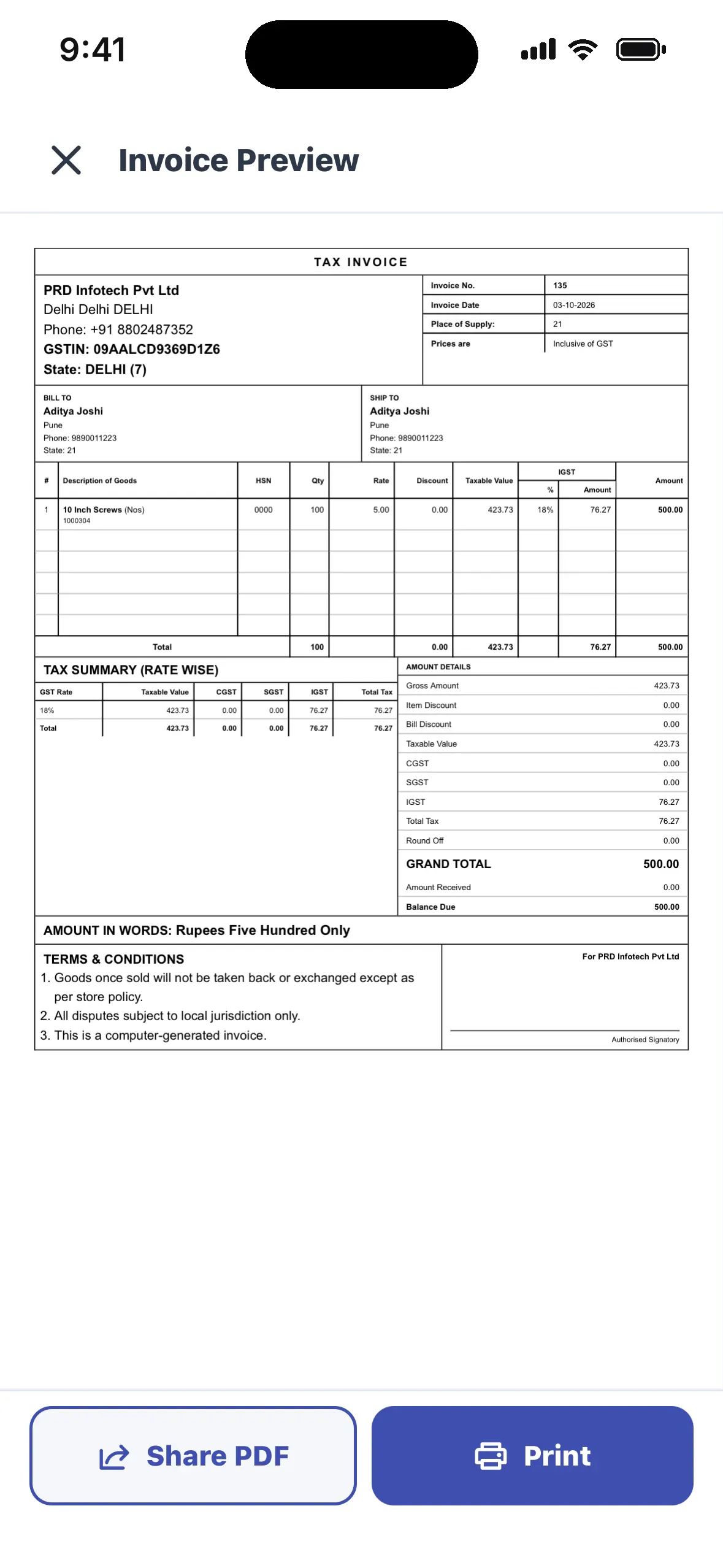 Inventory app tax invoice preview ready to share as PDF or print