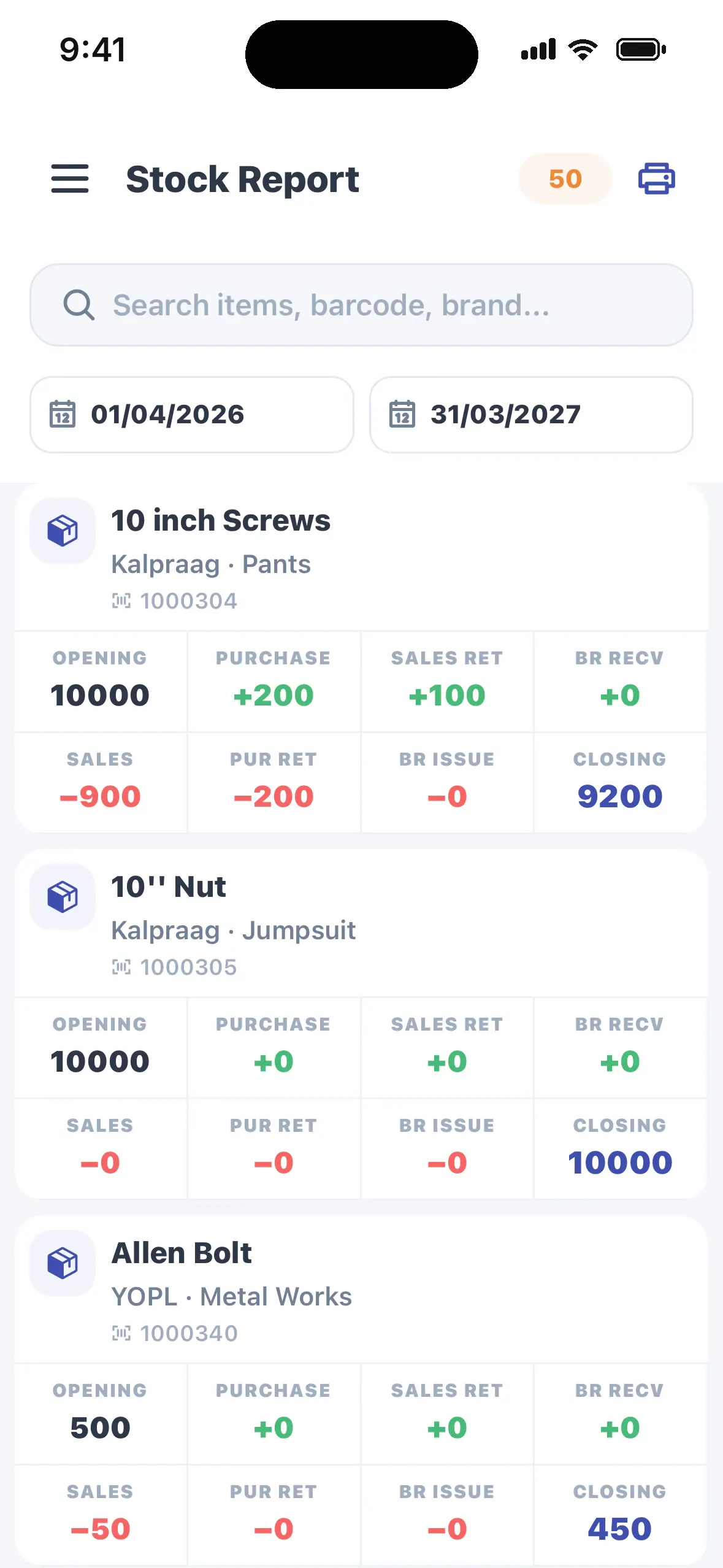Inventory app stock report with opening, purchase, sales, returns and closing stock per item