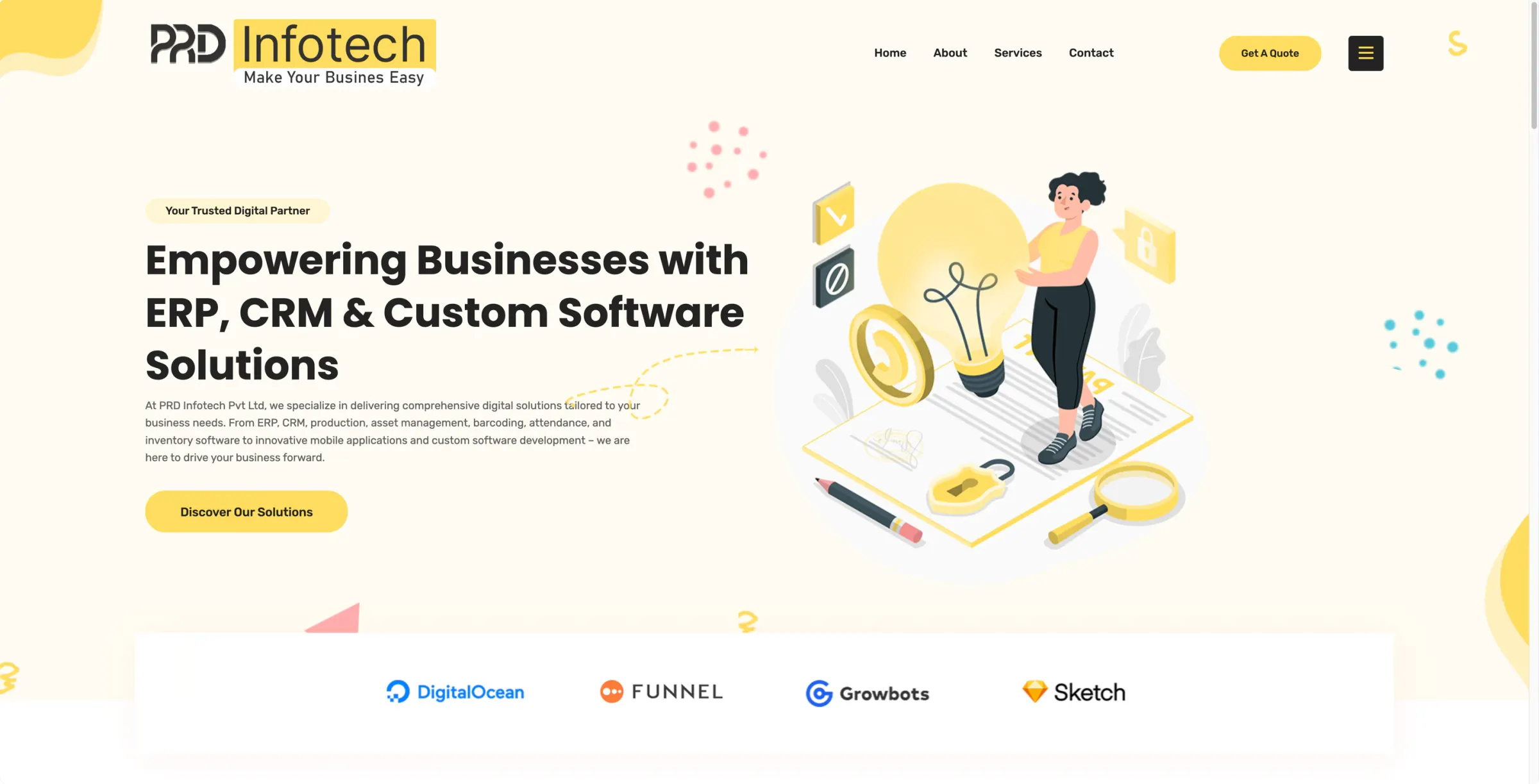 Software company home page with the headline about ERP, CRM and custom software, an illustration and a Discover our solutions button