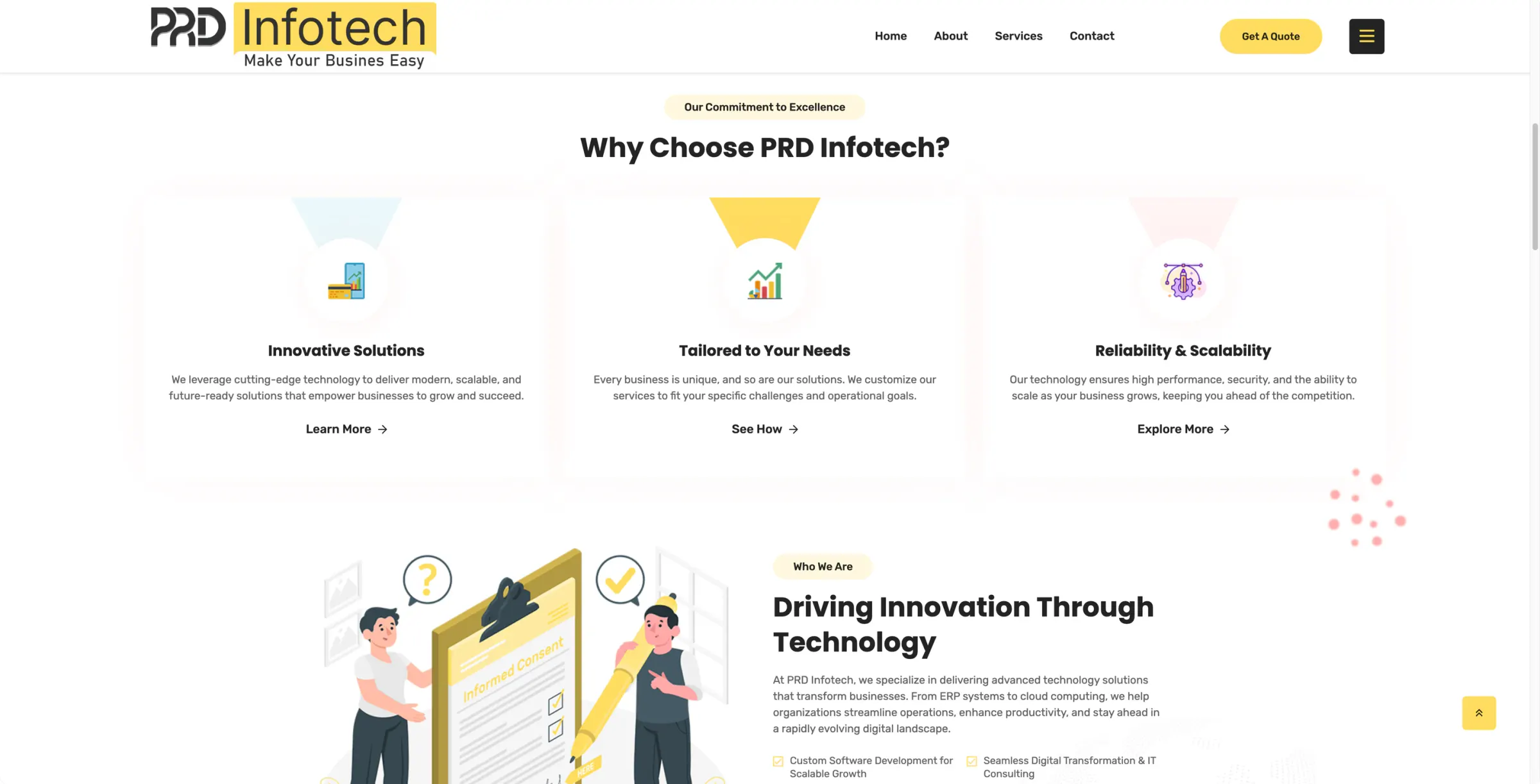 Why choose us section with innovative solutions, tailored to your needs and reliability cards, and a who we are introduction