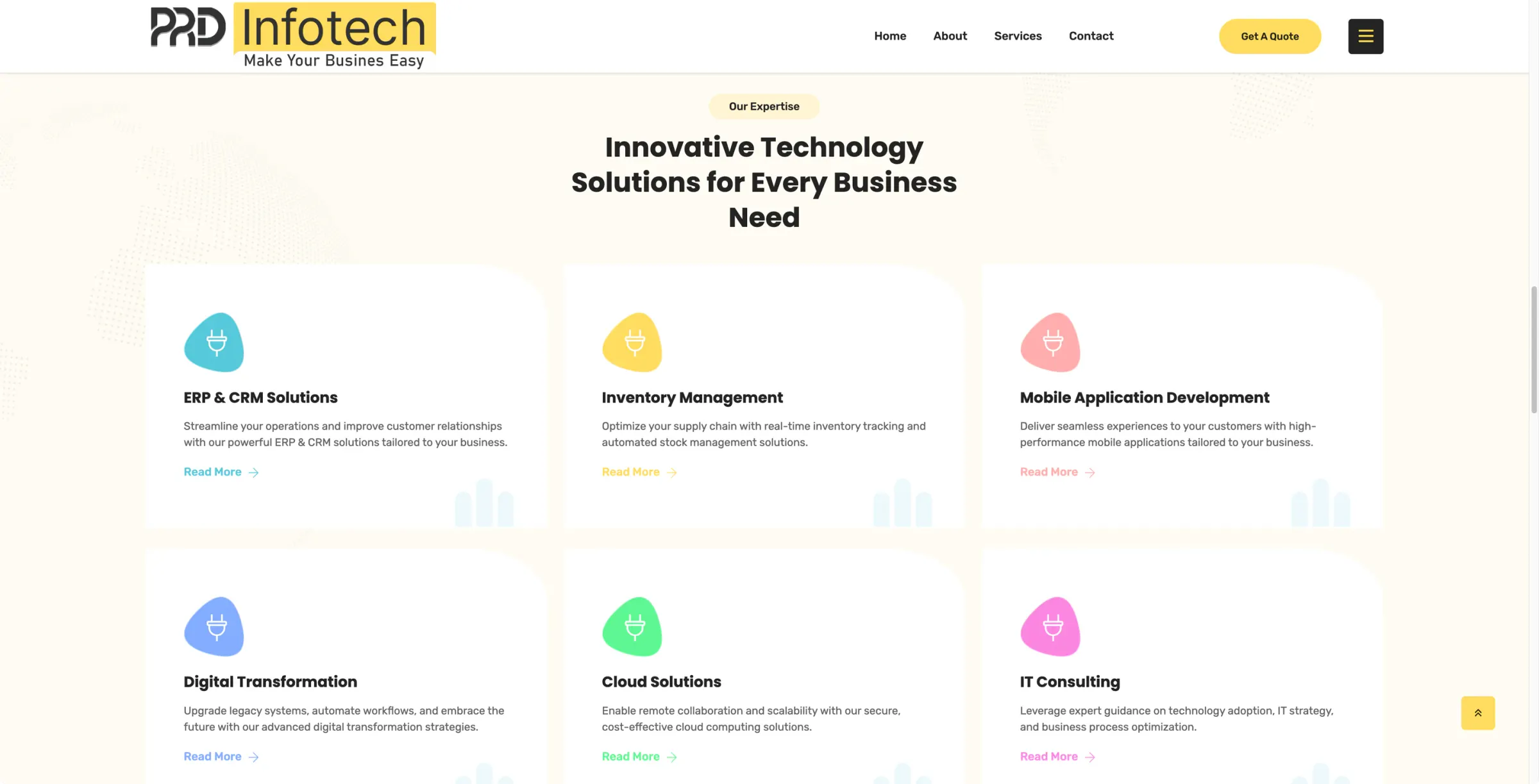 Expertise section with cards for ERP and CRM, inventory management, mobile apps, digital transformation, cloud and IT consulting