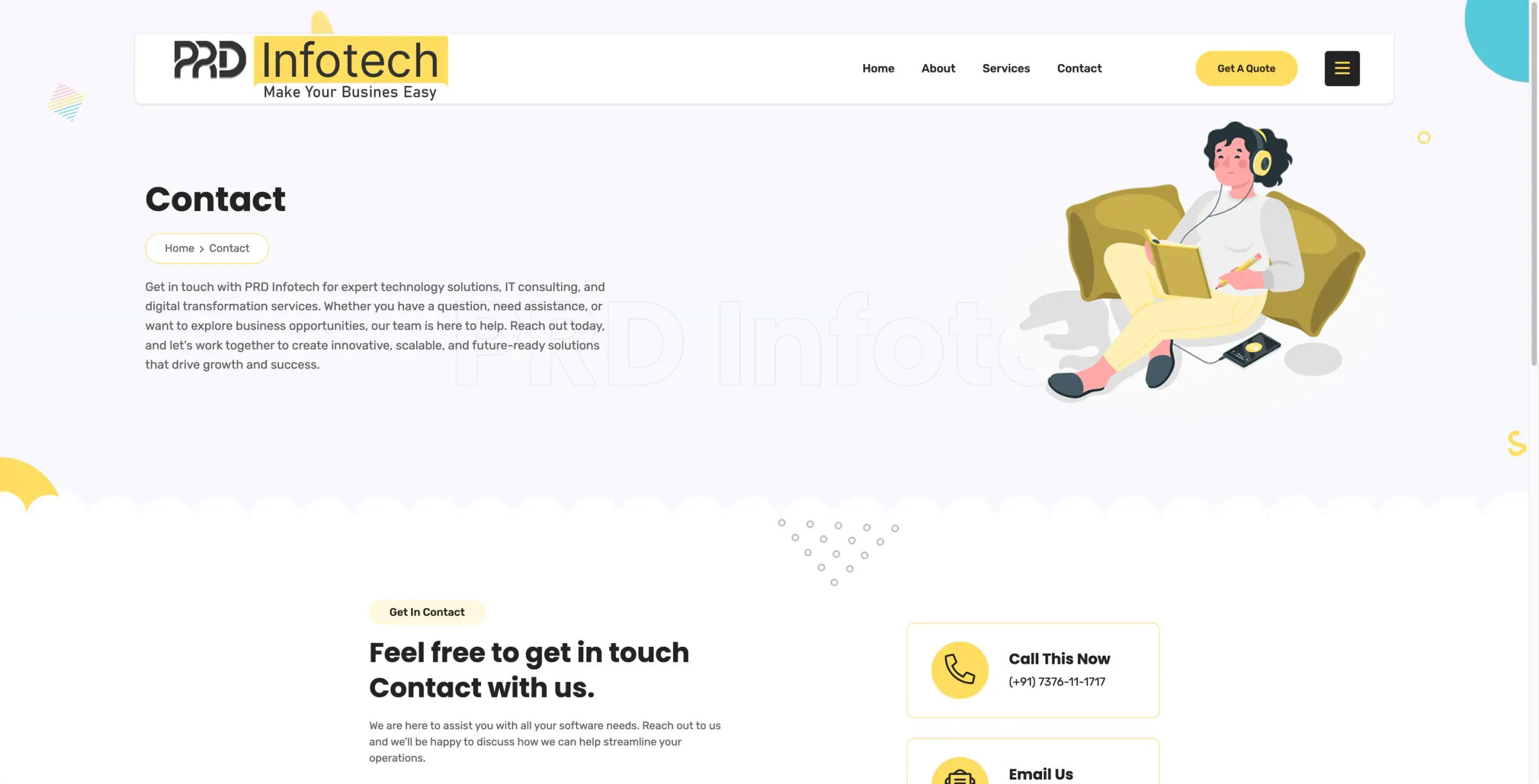 Contact page with an introduction, illustration and cards to call or email the team