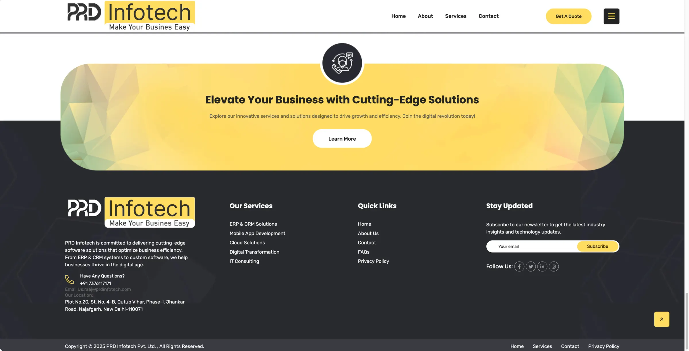 Call to action banner above a footer with services, quick links, newsletter signup and office address