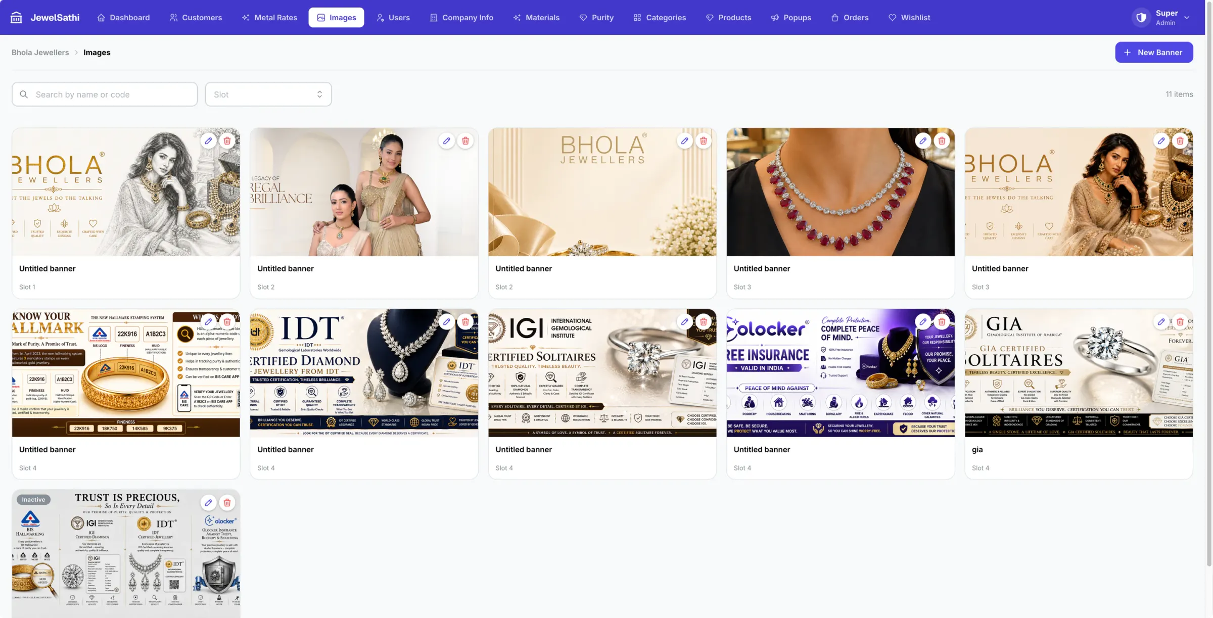 App banners for collections, hallmarking, certified diamonds, solitaires and jewellery insurance, arranged into display slots