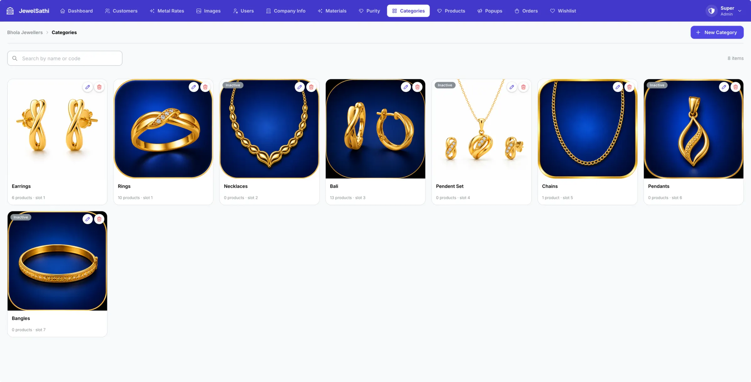 Categories such as earrings, rings, necklaces, bali, chains, pendants and bangles with images, product counts and active or inactive status