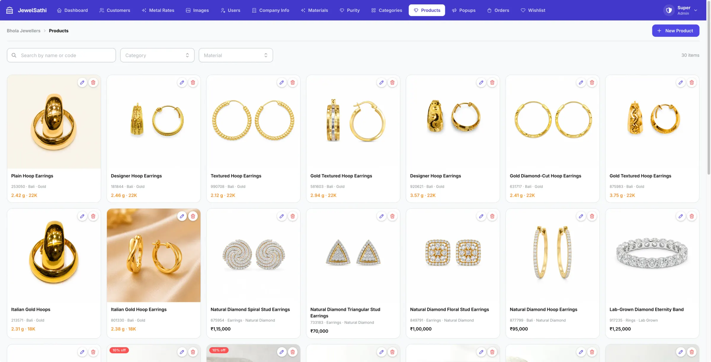 Product catalogue of hoops, studs and bands with photos, code, category, material, weight and purity or price, filterable by category and material