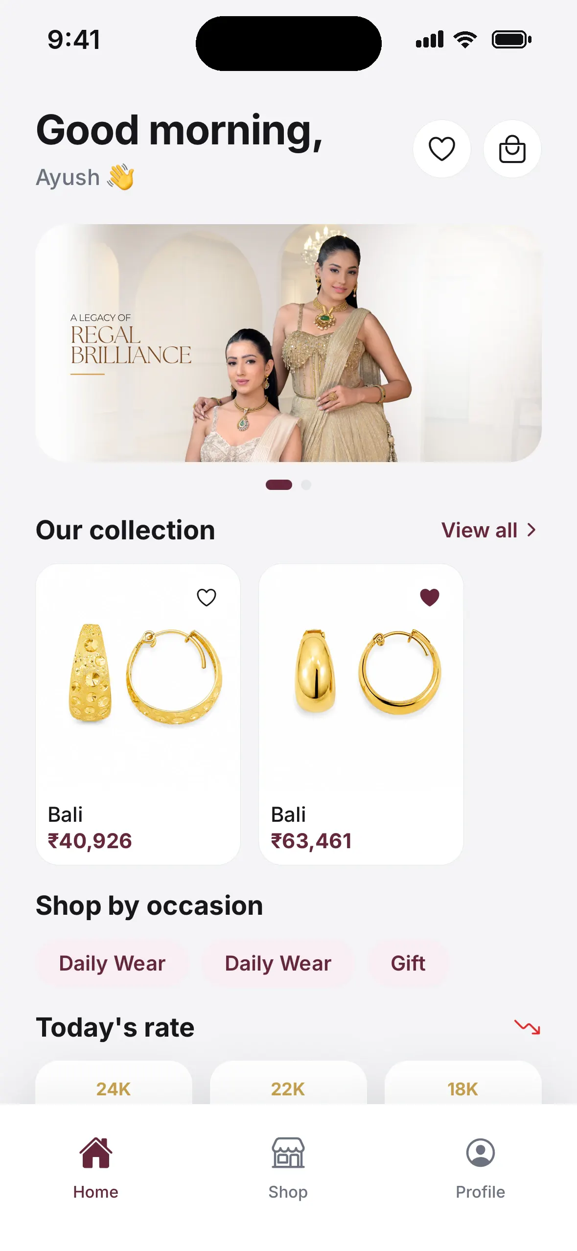 Jewellery app home with a campaign banner, our collection, shop by occasion and today's gold rates