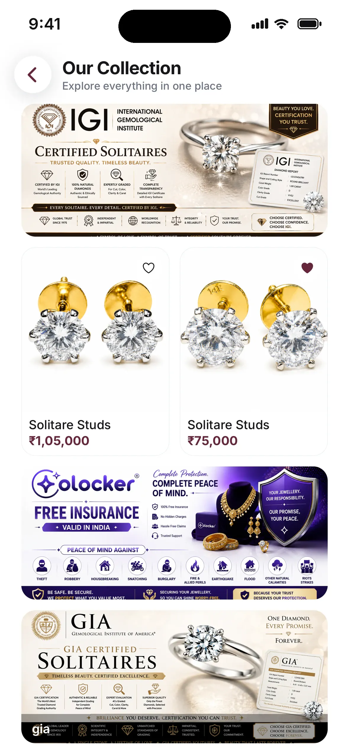 Certified solitaires collection with IGI and GIA banners and solitaire stud prices