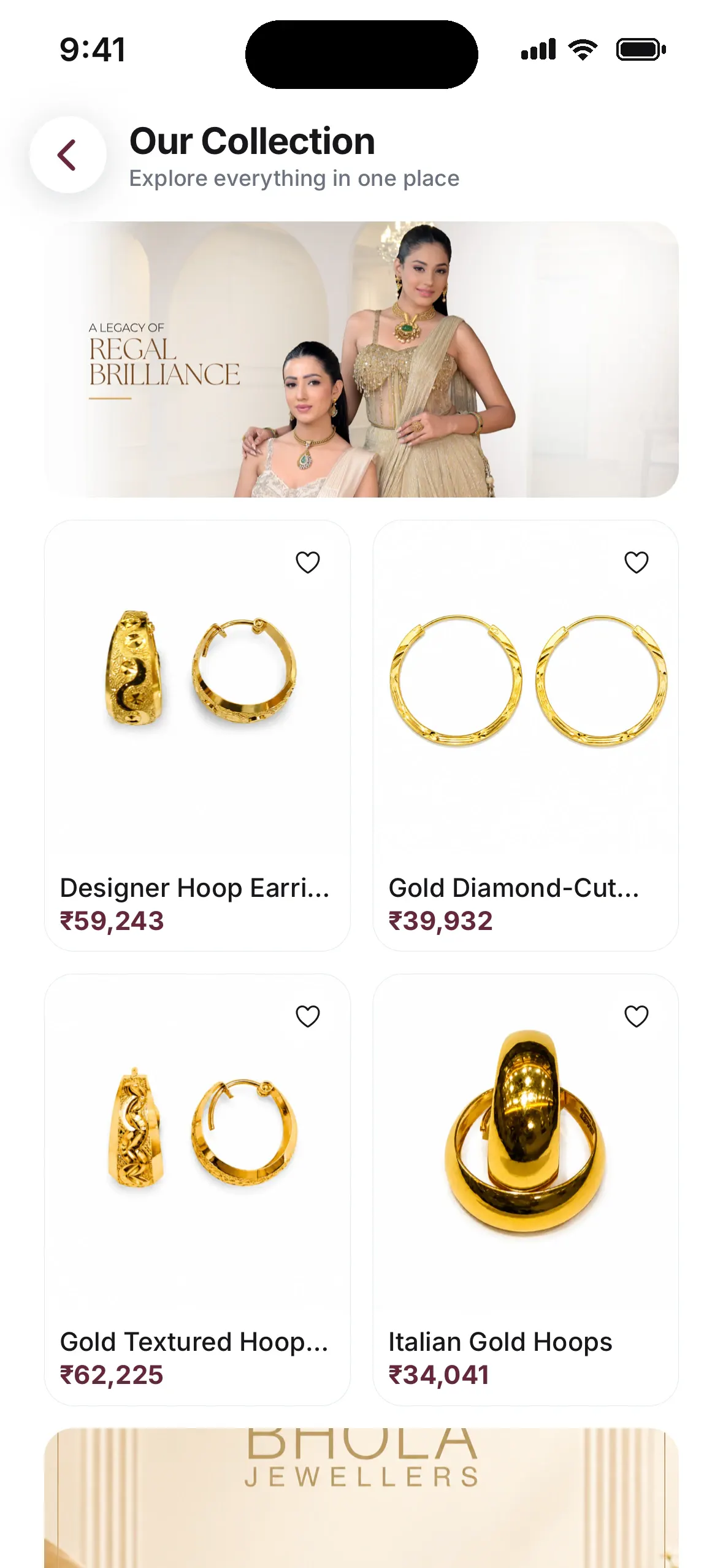Our collection grid of gold earrings with prices and wishlist hearts under a campaign banner