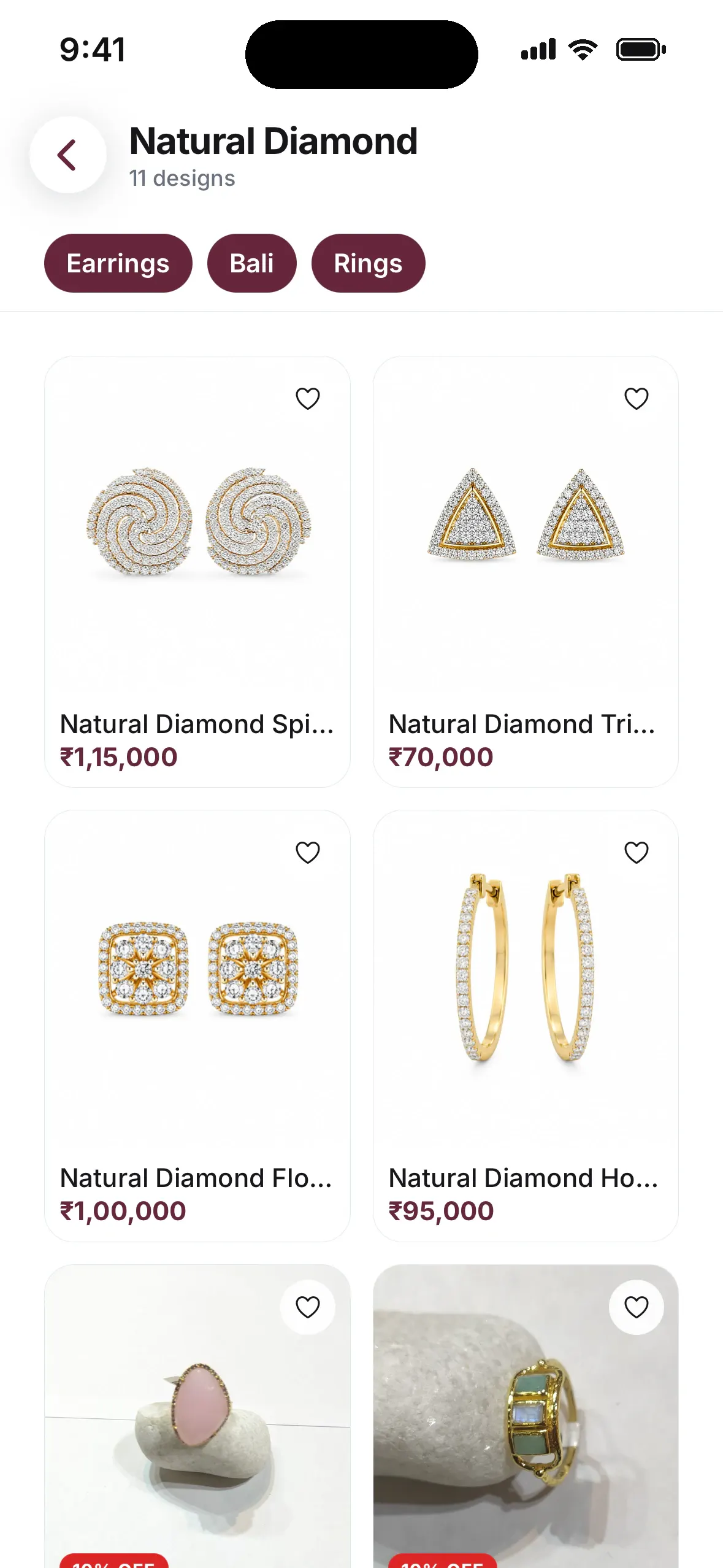 Natural diamond collection filtered by earrings, bali and rings