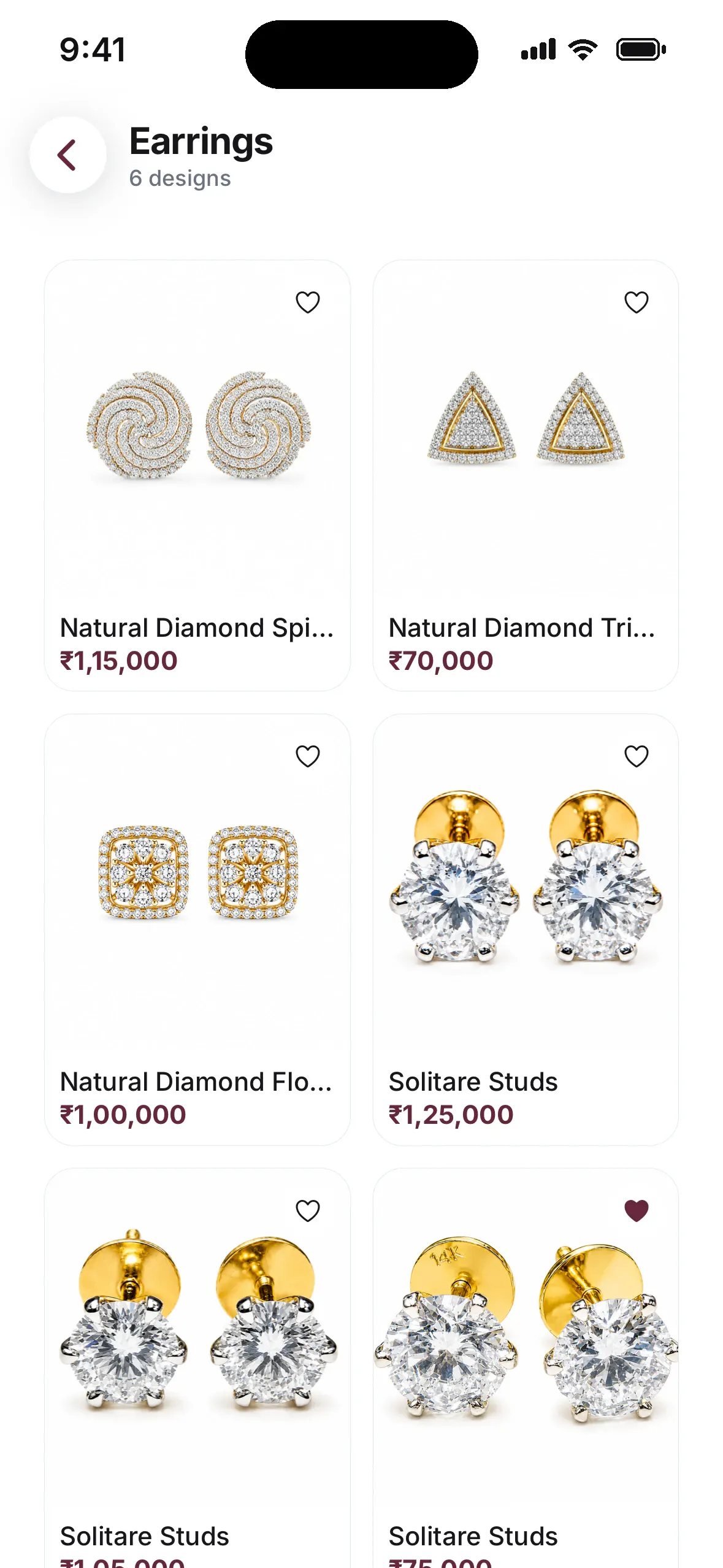 Earrings category with natural diamond and solitaire studs and their prices