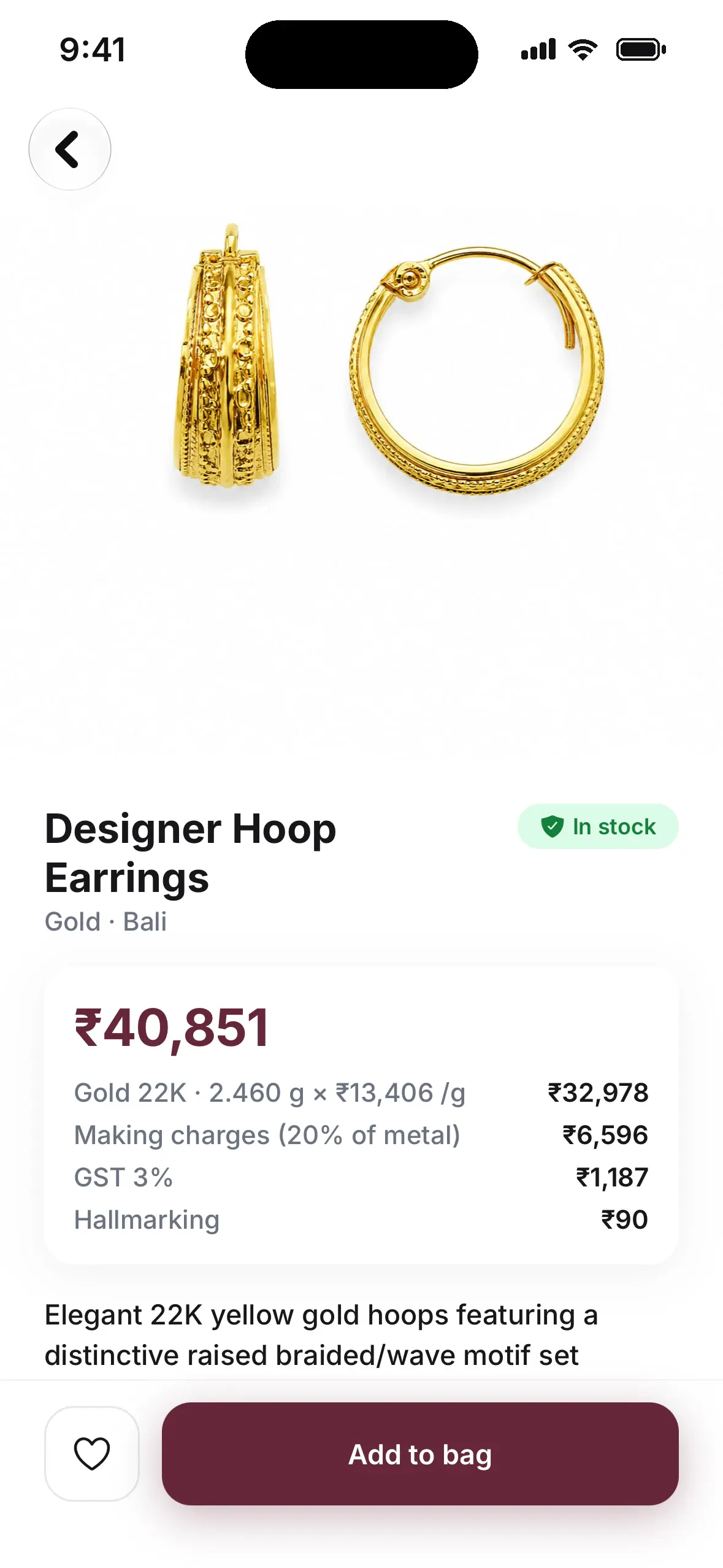 Product page for designer hoop earrings with an in-stock badge and the price