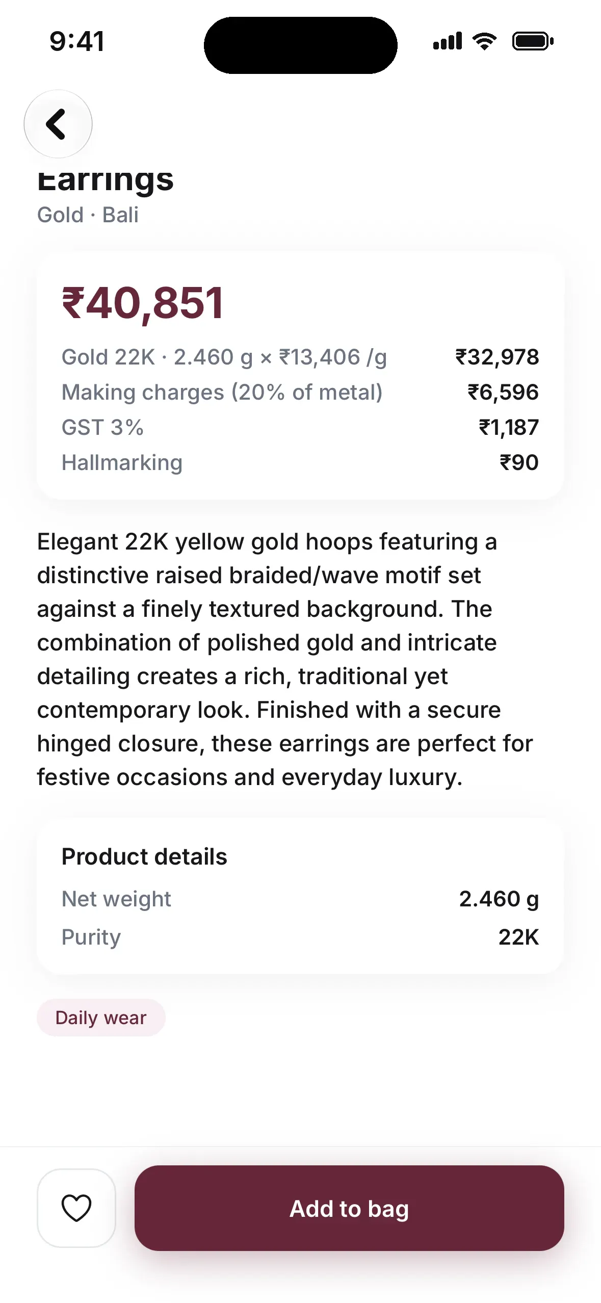 Price breakup showing gold weight times today's rate, making charges, GST and hallmarking, with the product description