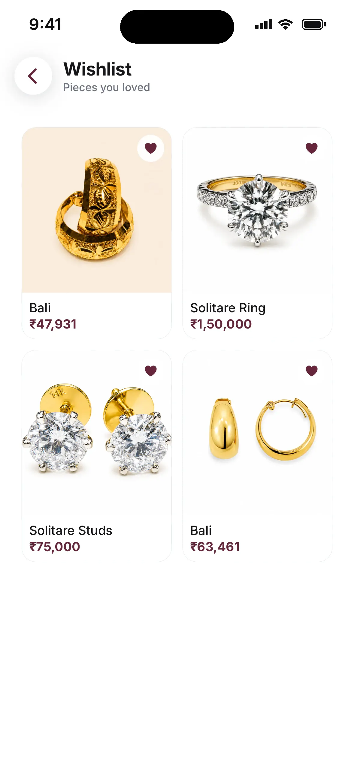 Wishlist of saved pieces with prices