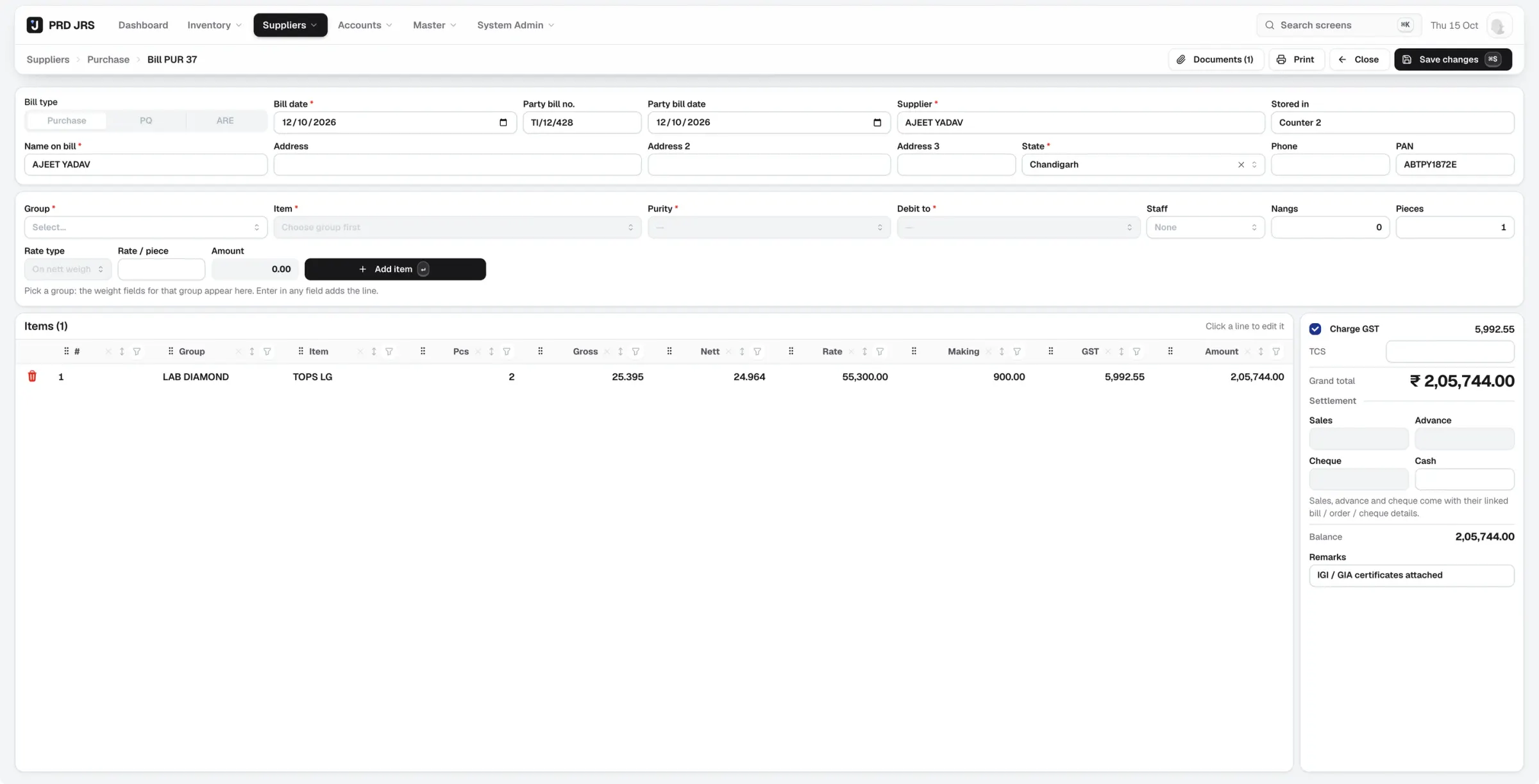 Purchase bill with supplier details, an item line with purity, pieces, gross and net weight, making and GST, and settlement totals