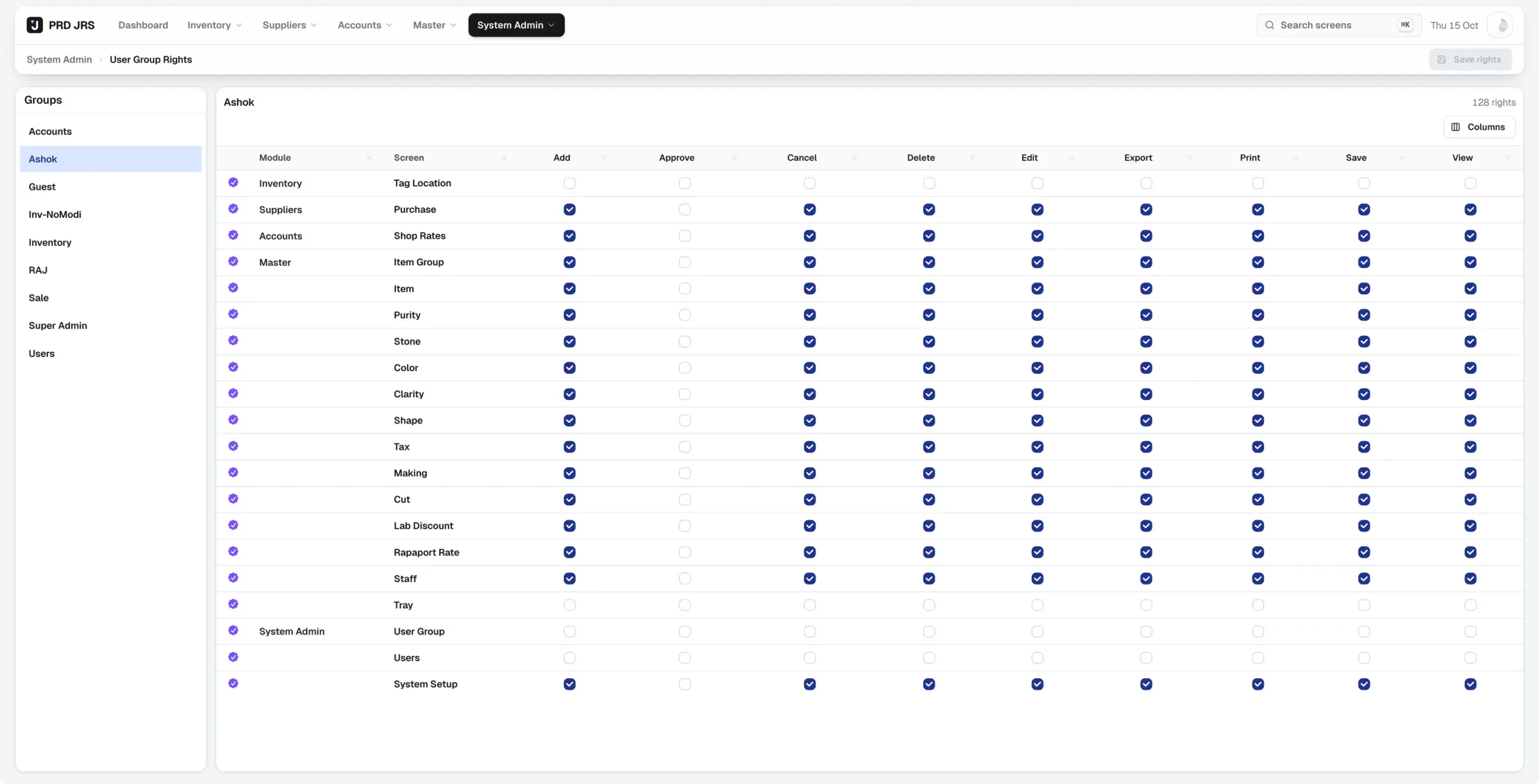 User group rights grid setting add, approve, cancel, delete, edit, export, print, save and view for every screen