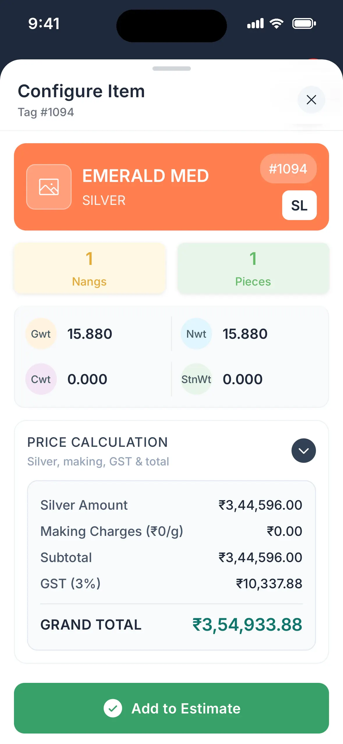 Configure item screen with the piece's pieces, gross, net, carat and stone weights and a price breakdown