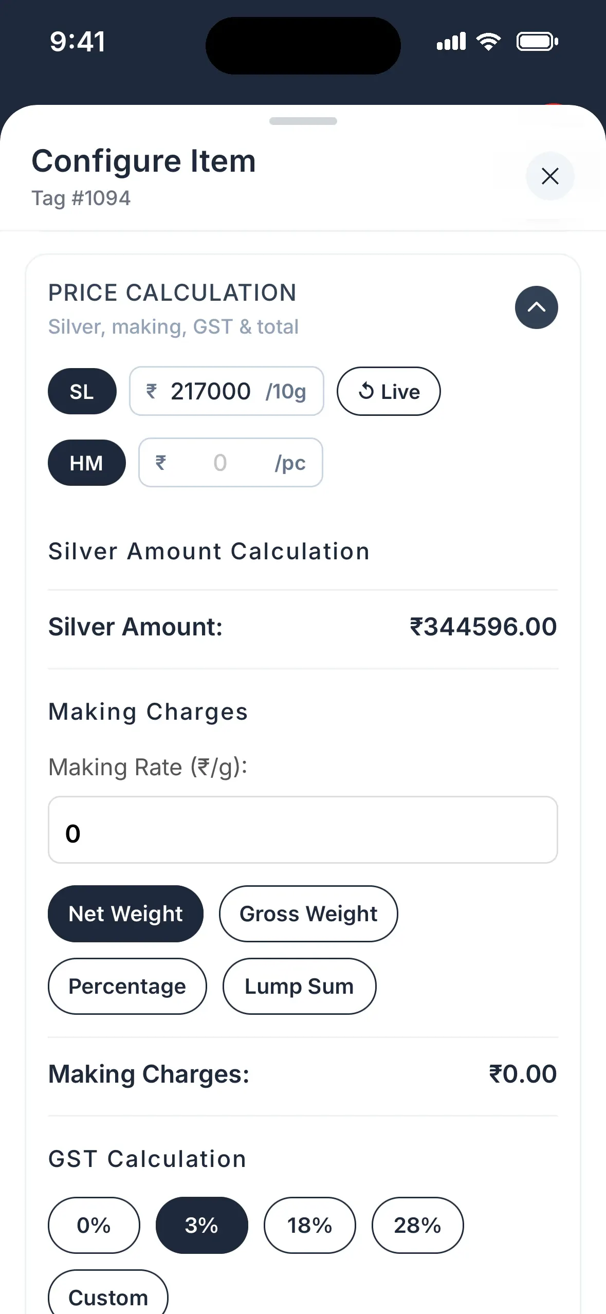 Price calculation with the live metal rate, making charges by net weight, gross weight, percentage or lump sum, and GST rate