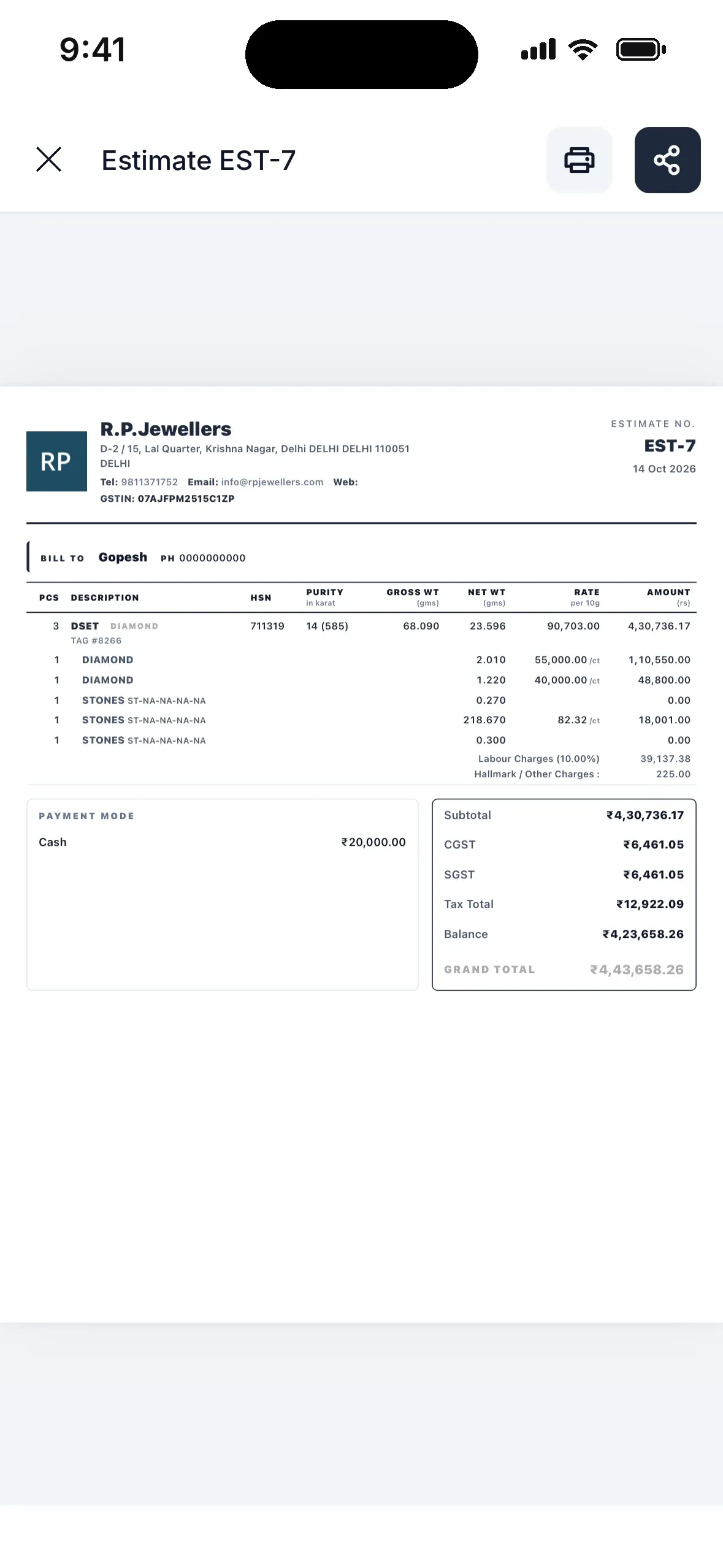 Printable estimate preview ready to share as PDF or print