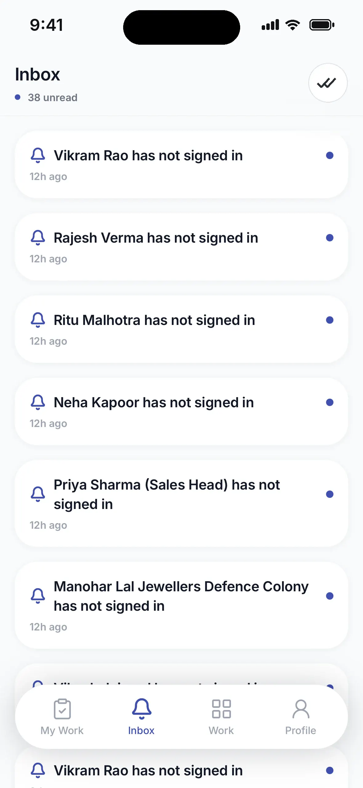 CRM mobile inbox of team notifications, such as staff who have not signed in