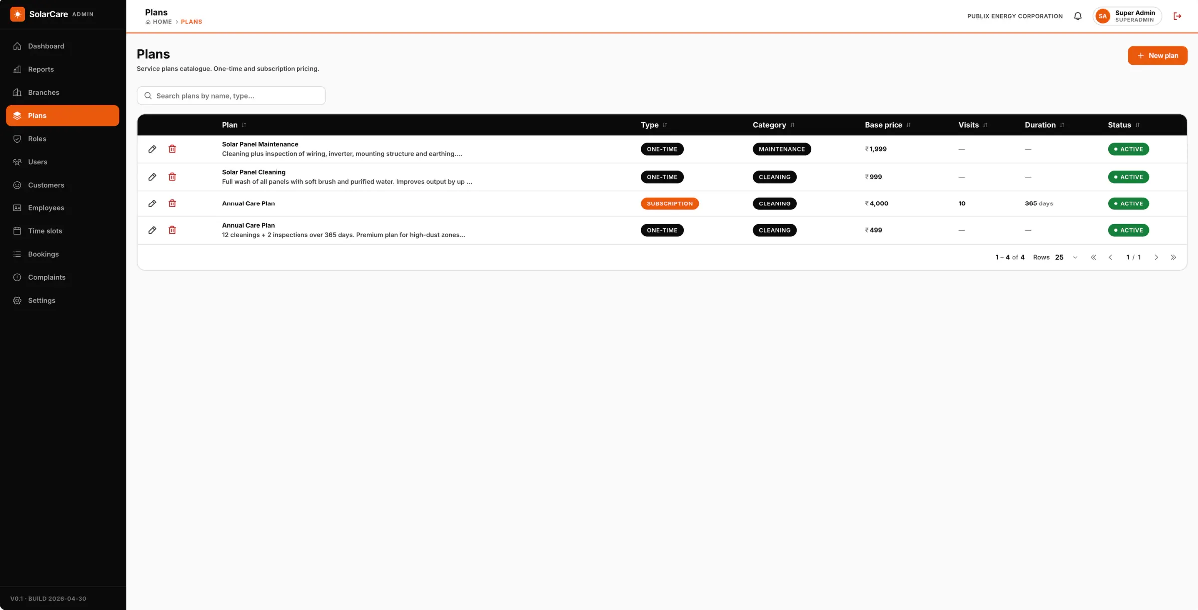 Service plans catalogue with one-time and subscription plans, category, base price, visits and duration