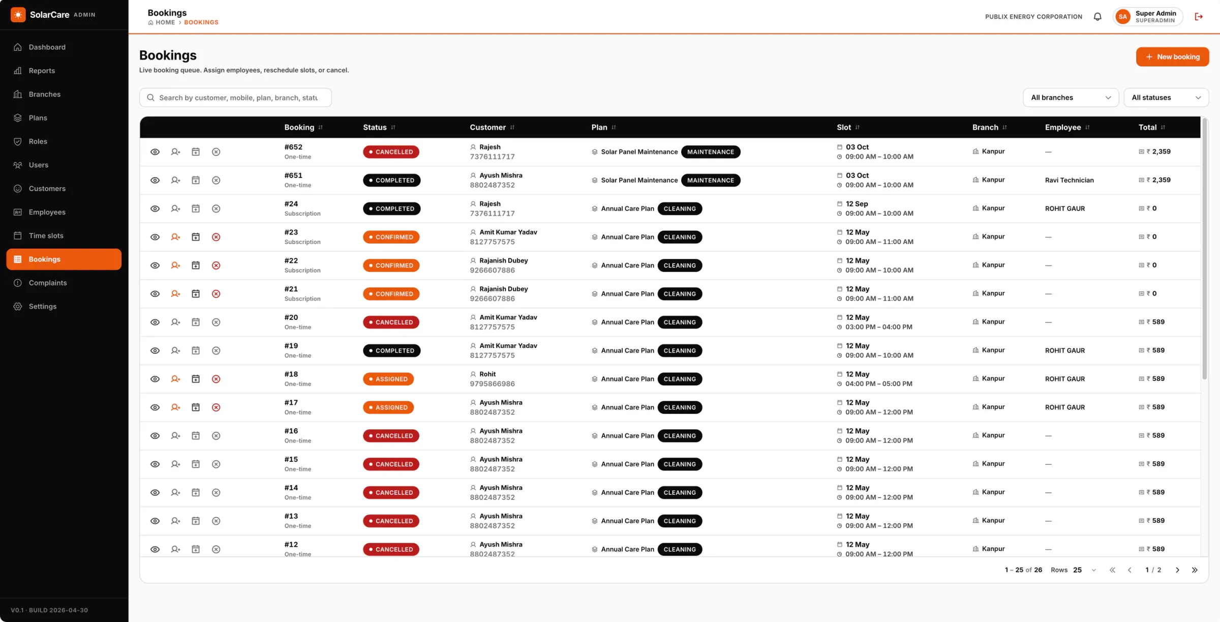 Solar service bookings queue with booking number, status, customer, plan, slot, branch, assigned employee and total