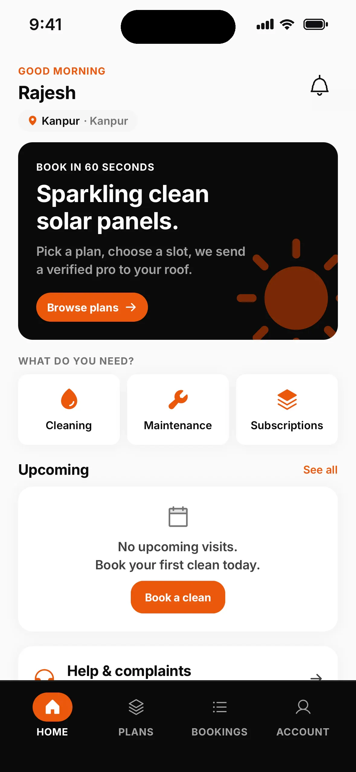 Solar care customer app home with a book-a-clean banner, service categories and upcoming visits