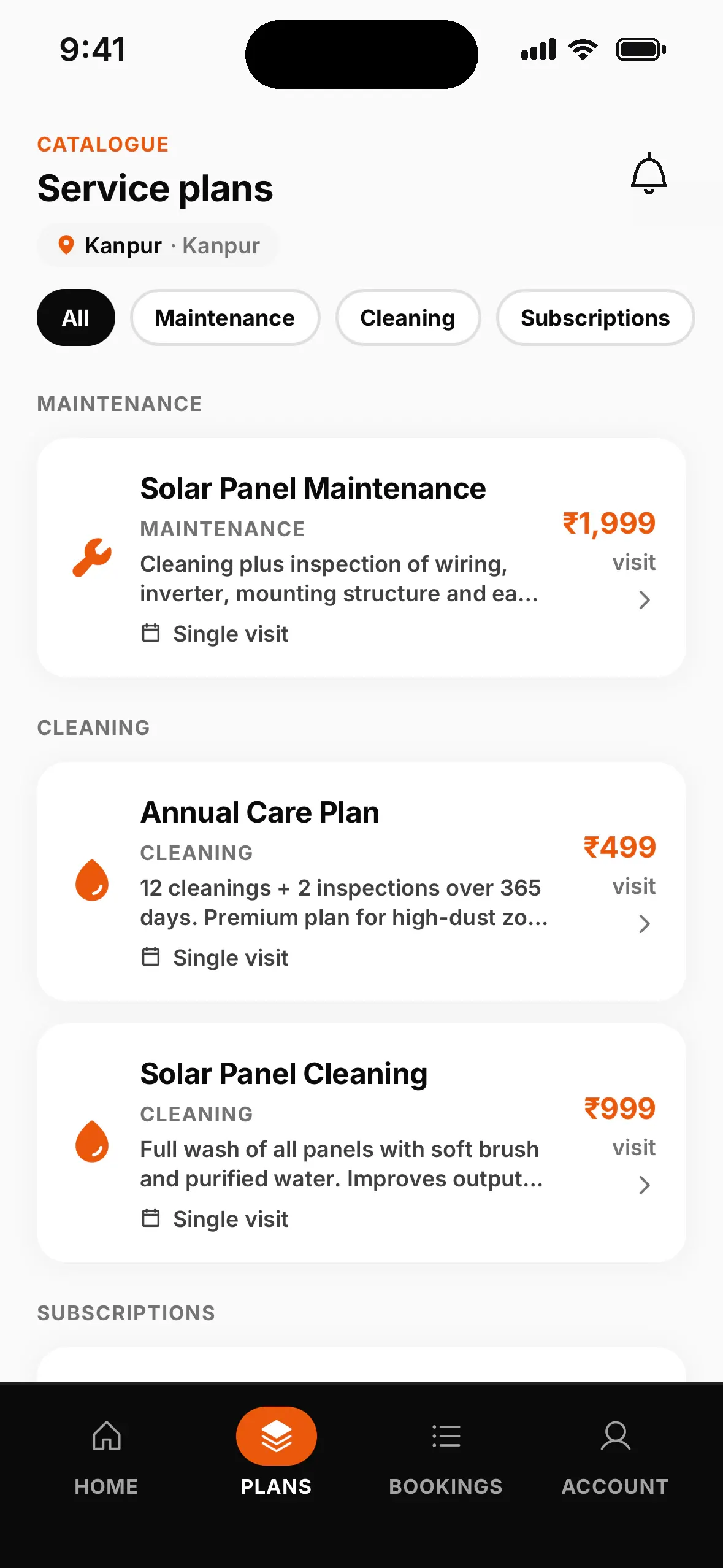 Service plans list with maintenance, cleaning and annual care plans and their prices