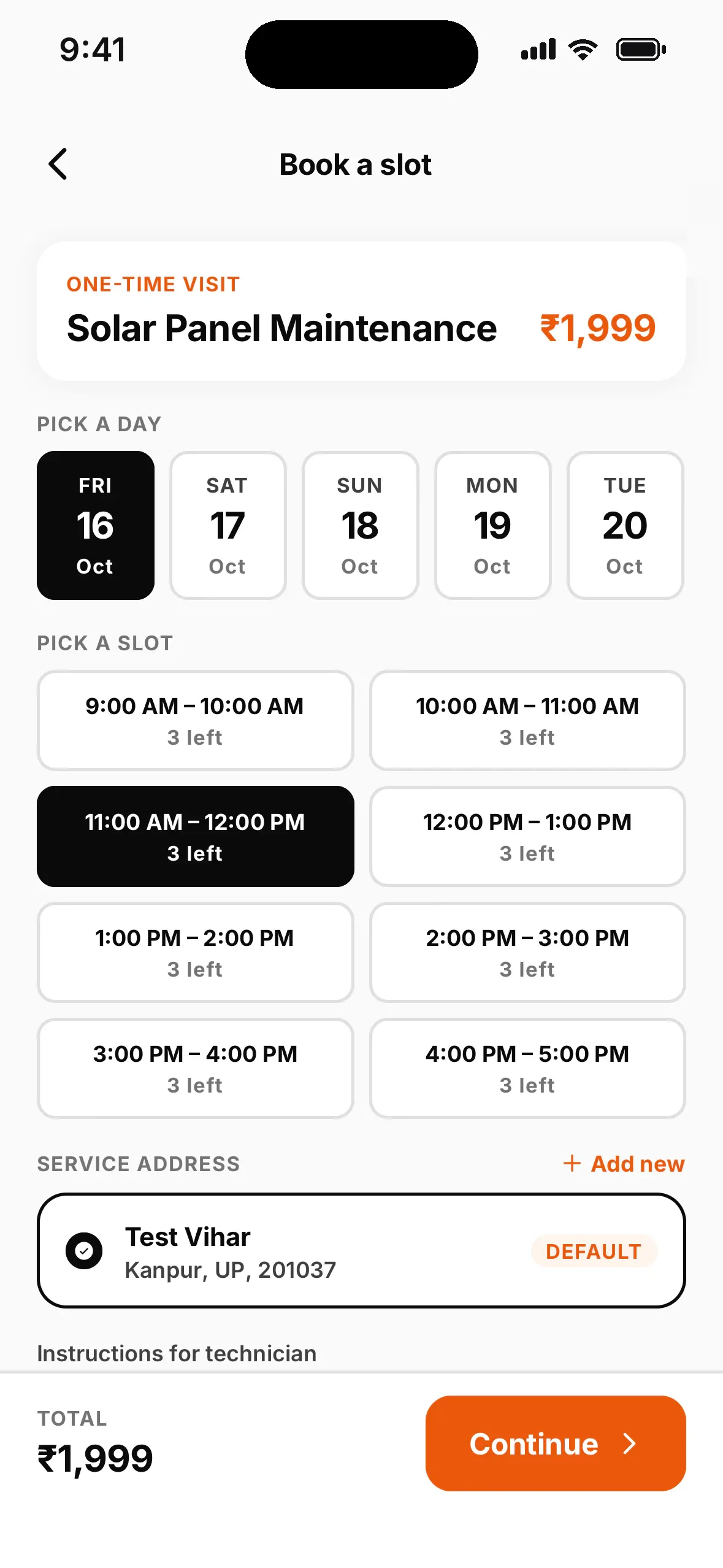 Book a slot screen with a day picker, hourly time slots showing places left, and the service address