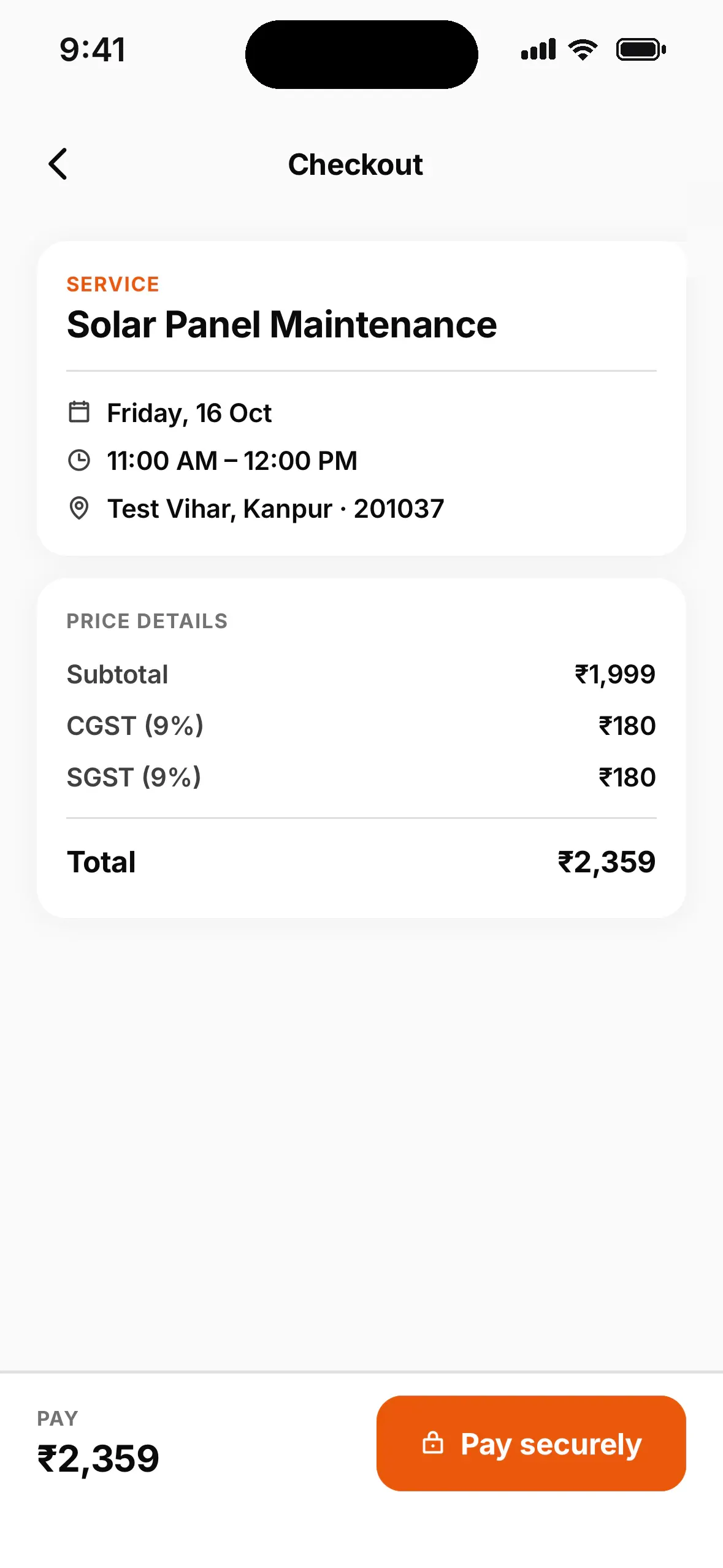 Checkout with the service, date, time slot, address and price with CGST and SGST