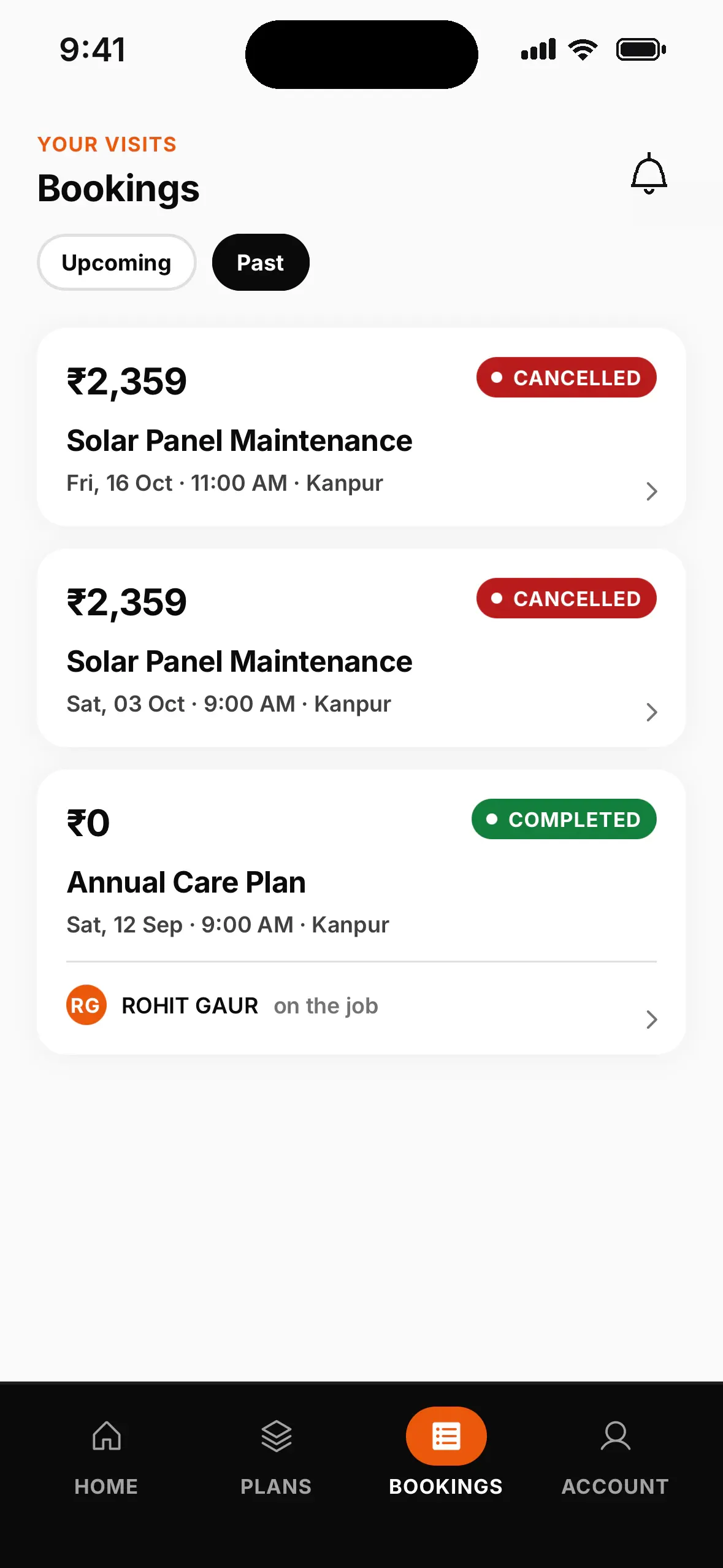 Customer bookings with status, plan, date, slot and assigned technician